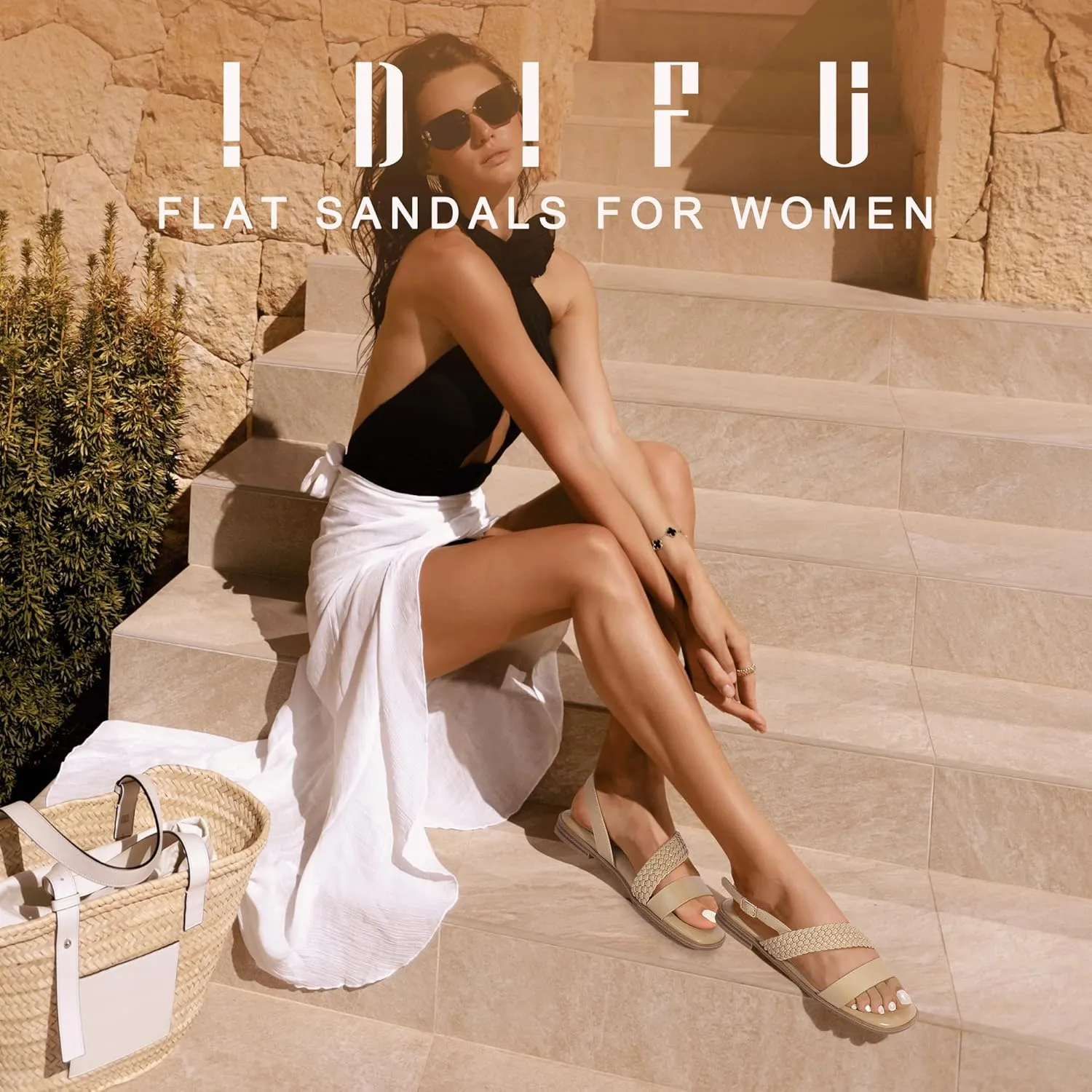 IDIFU Flat Braided Strappy Sandals for Women Square Open Toe Slingback with Buckle Adjustable Back Strap Women's Summer Beach Wedding Comfortable Cute Dressy Tendy Dress Sandals for Ladies Brides