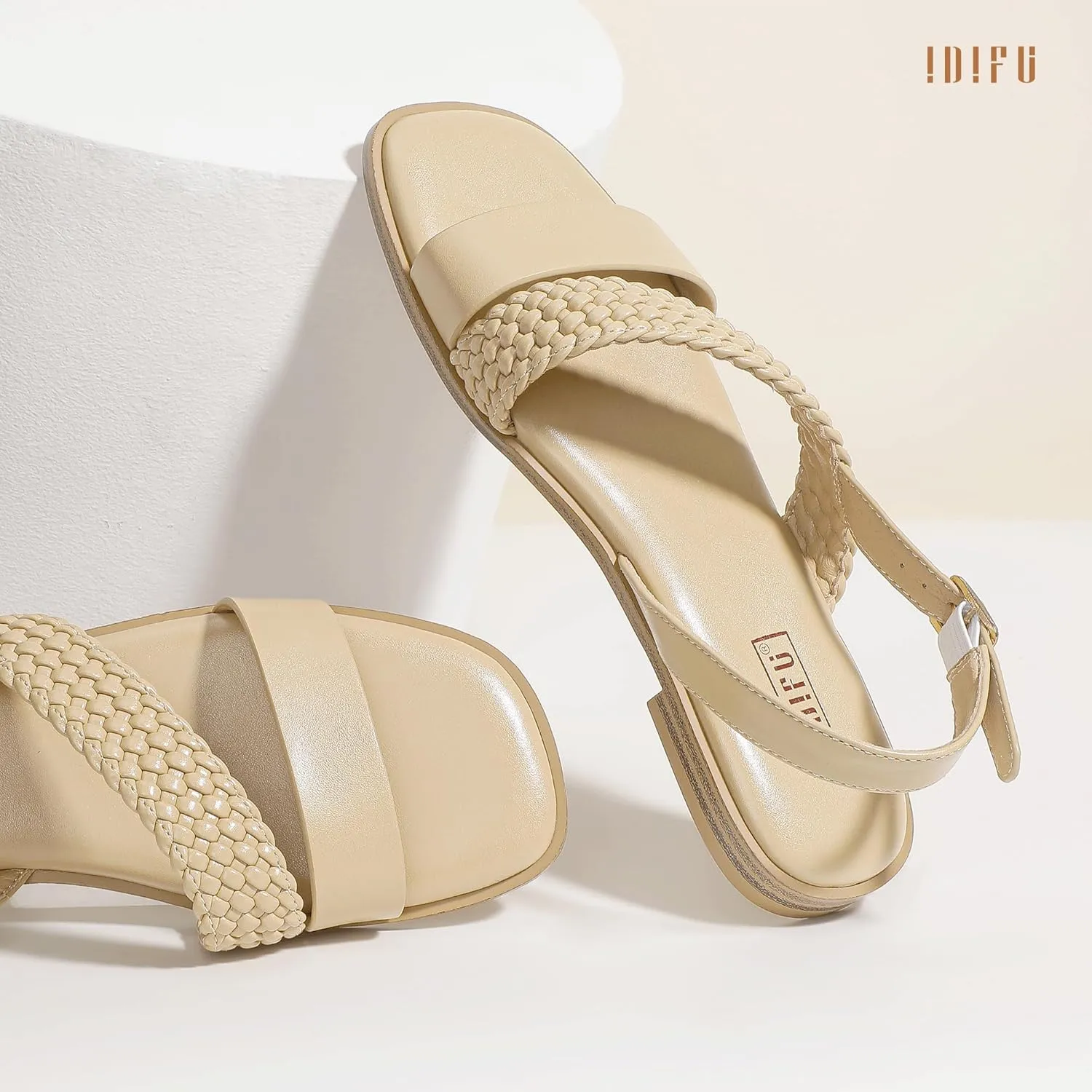 IDIFU Flat Braided Strappy Sandals for Women Square Open Toe Slingback with Buckle Adjustable Back Strap Women's Summer Beach Wedding Comfortable Cute Dressy Tendy Dress Sandals for Ladies Brides
