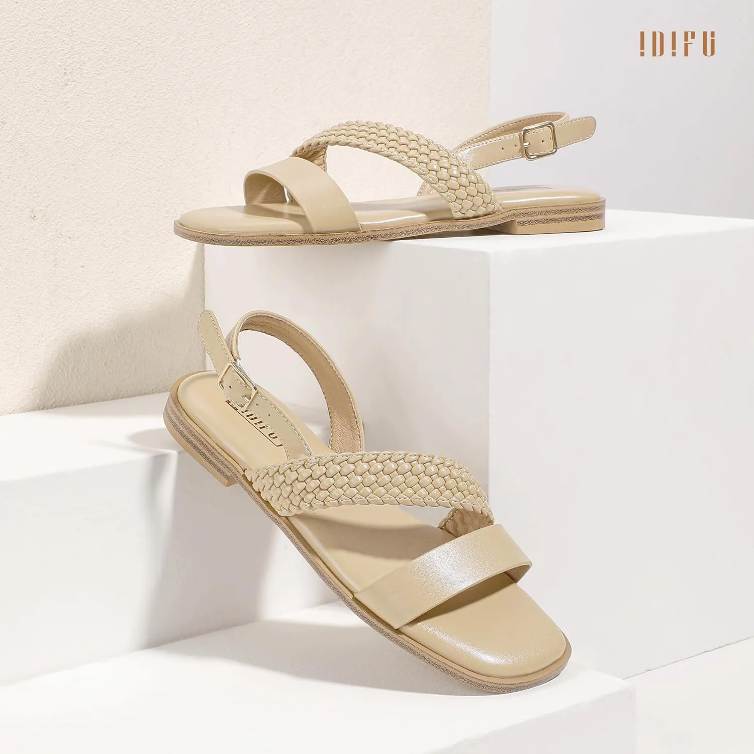 IDIFU Flat Braided Strappy Sandals for Women Square Open Toe Slingback with Buckle Adjustable Back Strap Women's Summer Beach Wedding Comfortable Cute Dressy Tendy Dress Sandals for Ladies Brides