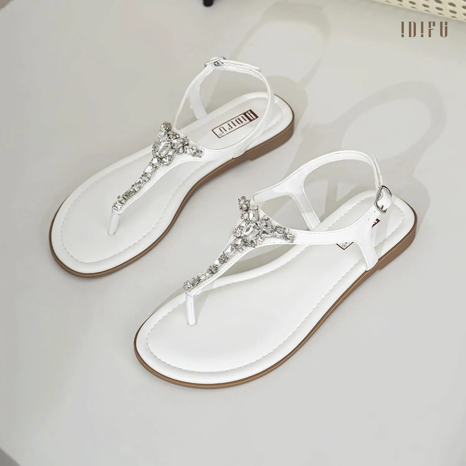 IDIFU Rhinestone Flat Sandals for Women Dressy Sparkly Thong Sandals Bling Summer Cute T Strap Dress Sandals for Wedding Bridal Bride Beach Trendy Comfortable Ladies Women's Sandals