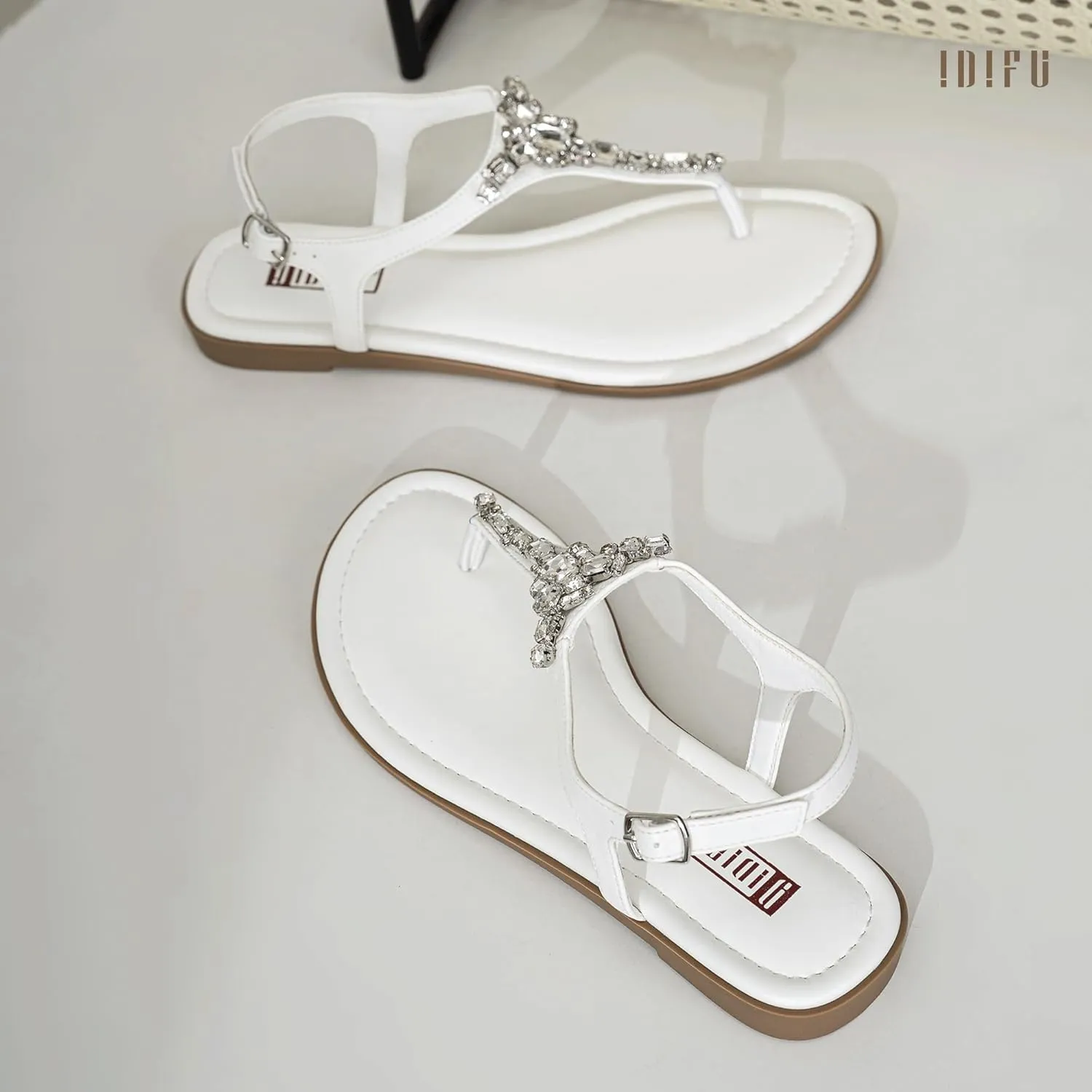 IDIFU Rhinestone Flat Sandals for Women Dressy Sparkly Thong Sandals Bling Summer Cute T Strap Dress Sandals for Wedding Bridal Bride Beach Trendy Comfortable Ladies Women's Sandals