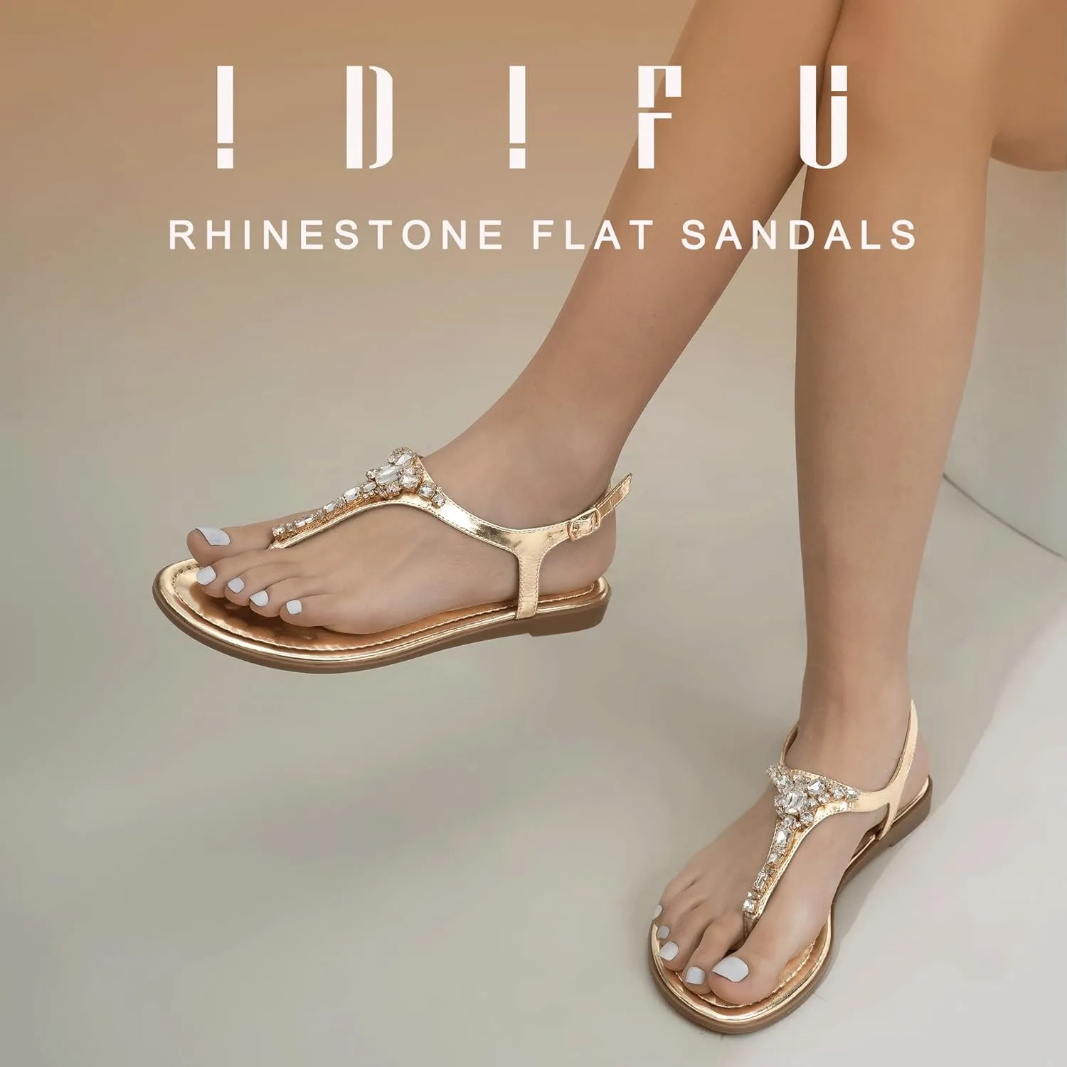 IDIFU Rhinestone Flat Sandals for Women Dressy Sparkly Thong Sandals Bling Summer Cute T Strap Dress Sandals for Wedding Bridal Bride Beach Trendy Comfortable Ladies Women's Sandals