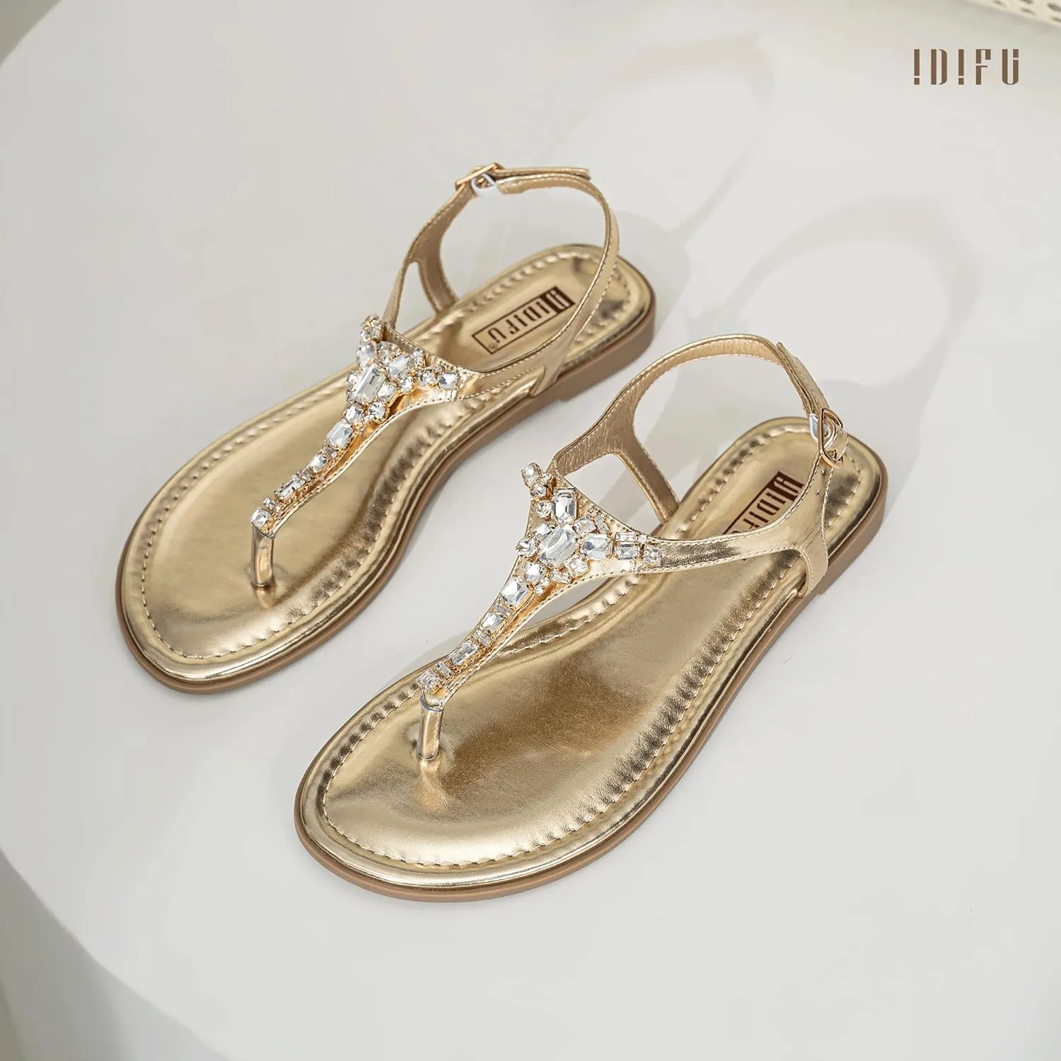 IDIFU Rhinestone Flat Sandals for Women Dressy Sparkly Thong Sandals Bling Summer Cute T Strap Dress Sandals for Wedding Bridal Bride Beach Trendy Comfortable Ladies Women's Sandals