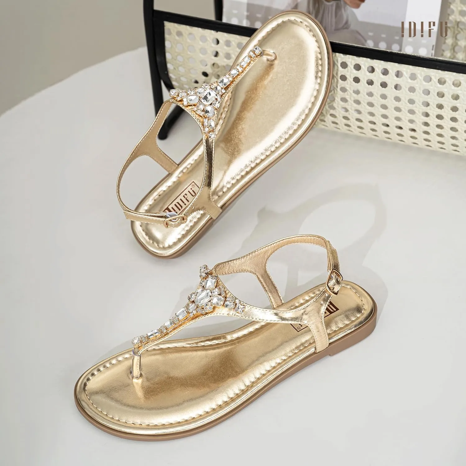 IDIFU Rhinestone Flat Sandals for Women Dressy Sparkly Thong Sandals Bling Summer Cute T Strap Dress Sandals for Wedding Bridal Bride Beach Trendy Comfortable Ladies Women's Sandals