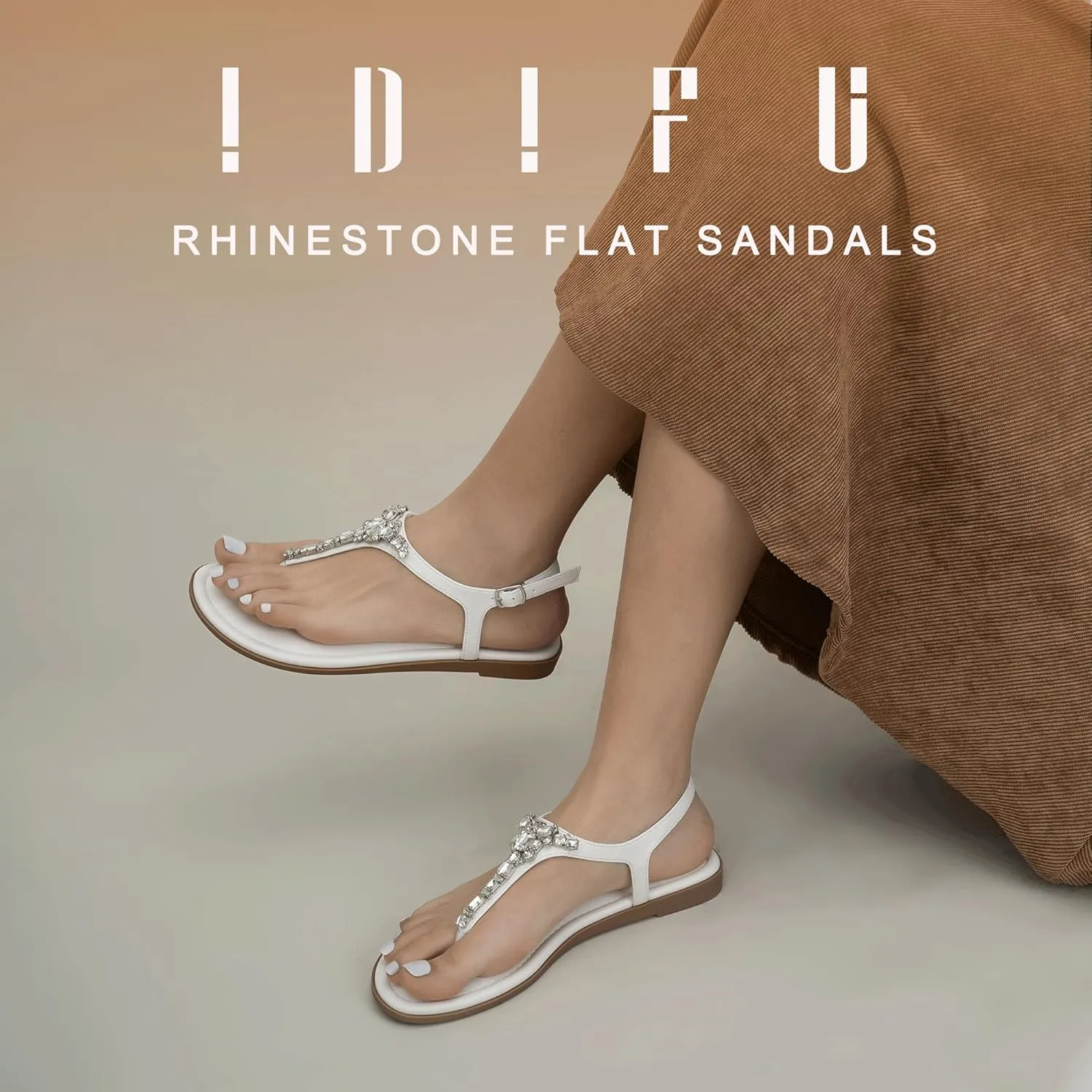 IDIFU Rhinestone Flat Sandals for Women Dressy Sparkly Thong Sandals Bling Summer Cute T Strap Dress Sandals for Wedding Bridal Bride Beach Trendy Comfortable Ladies Women's Sandals