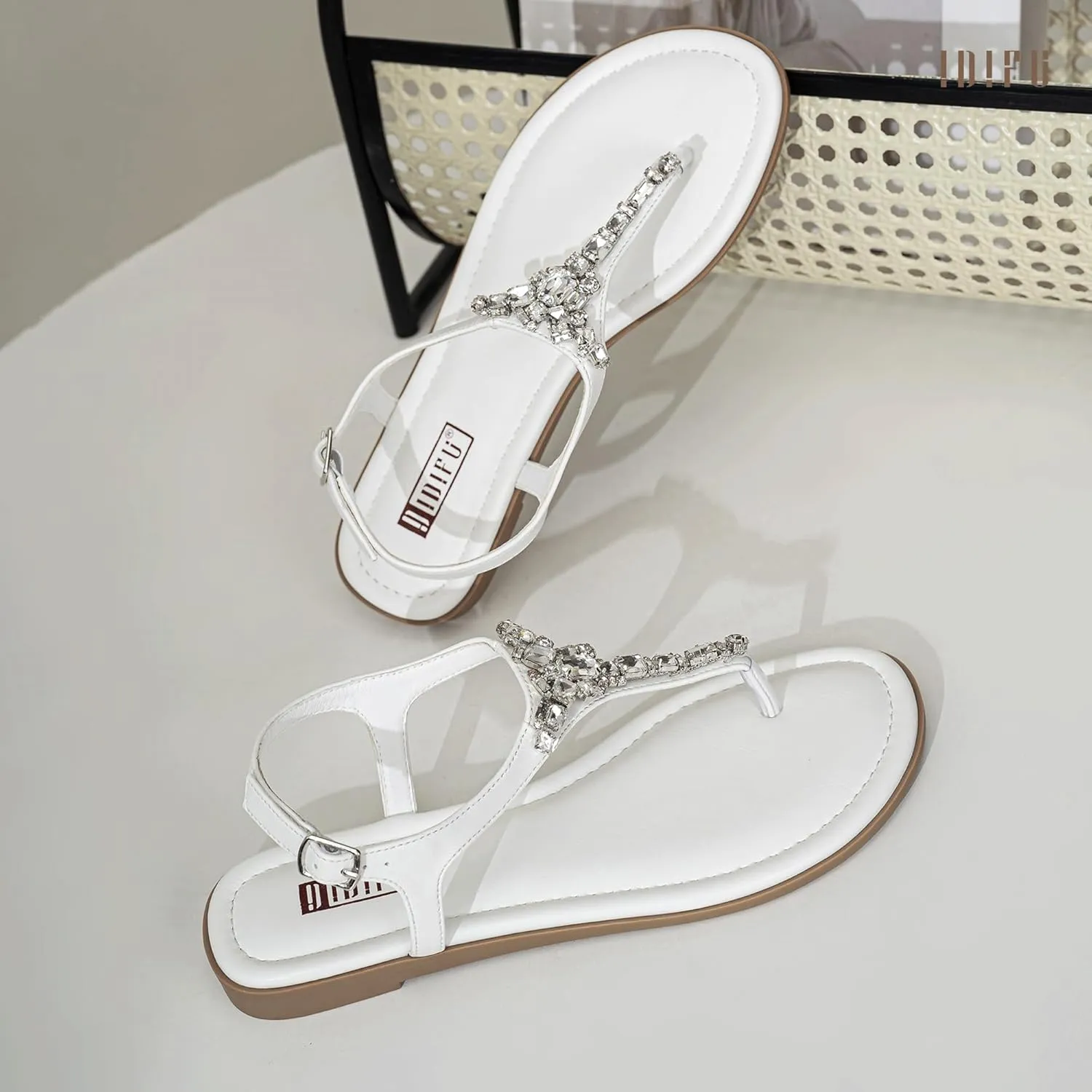 IDIFU Rhinestone Flat Sandals for Women Dressy Sparkly Thong Sandals Bling Summer Cute T Strap Dress Sandals for Wedding Bridal Bride Beach Trendy Comfortable Ladies Women's Sandals