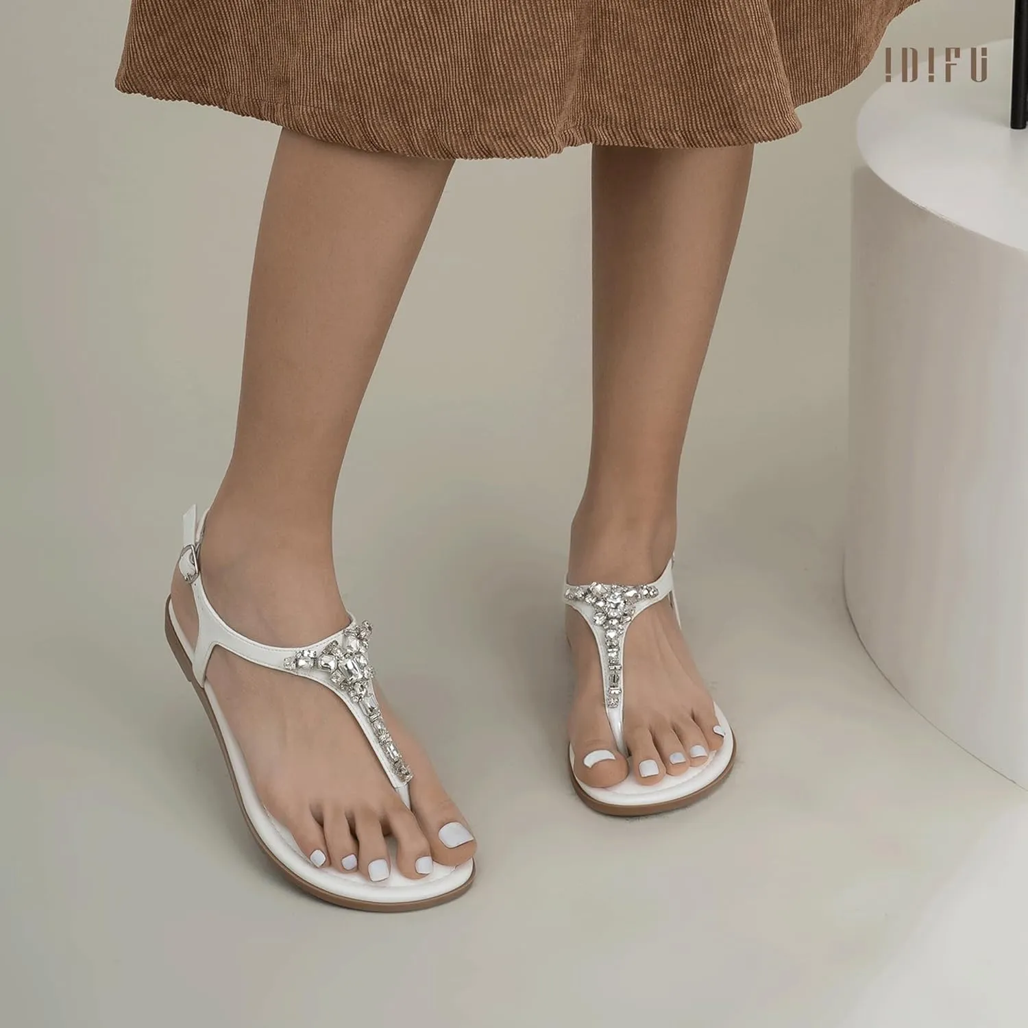 IDIFU Rhinestone Flat Sandals for Women Dressy Sparkly Thong Sandals Bling Summer Cute T Strap Dress Sandals for Wedding Bridal Bride Beach Trendy Comfortable Ladies Women's Sandals