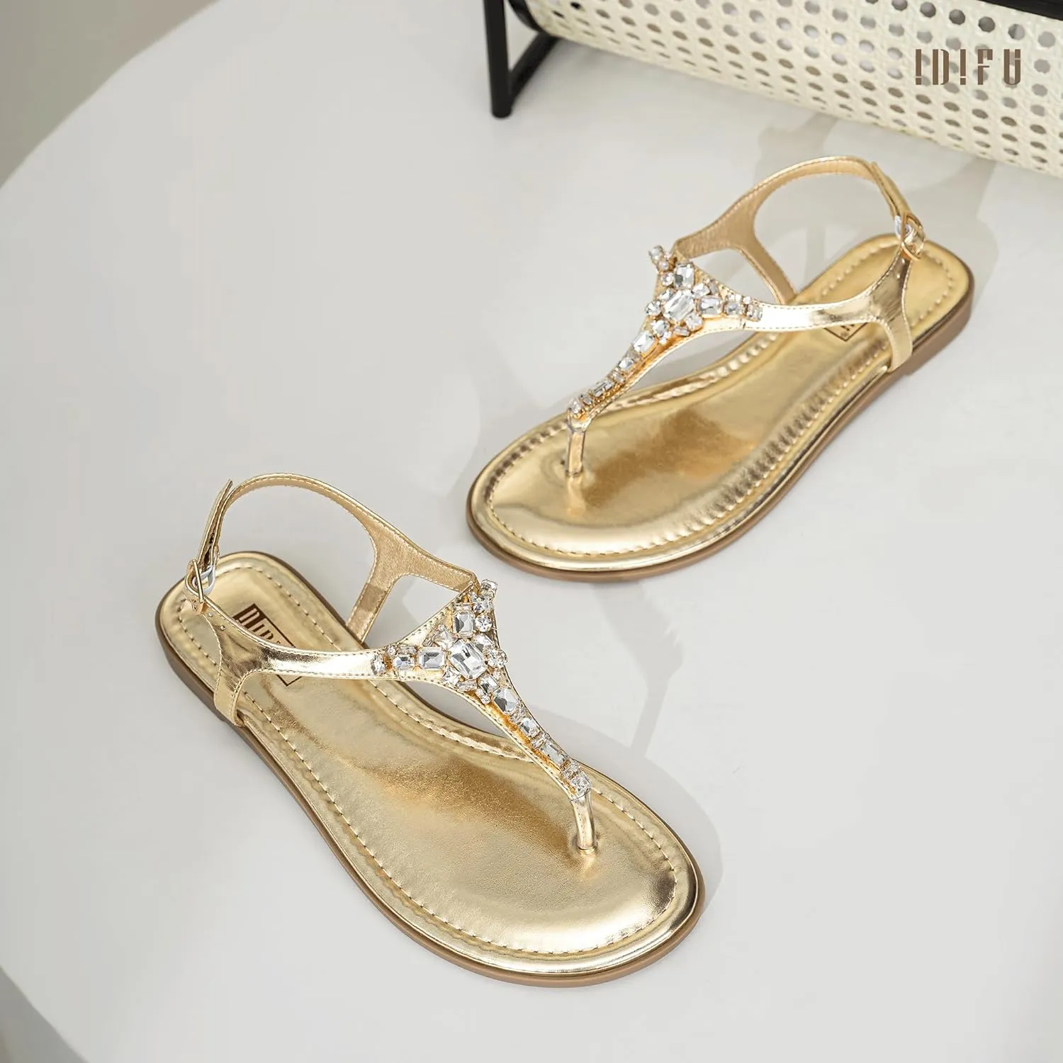 IDIFU Rhinestone Flat Sandals for Women Dressy Sparkly Thong Sandals Bling Summer Cute T Strap Dress Sandals for Wedding Bridal Bride Beach Trendy Comfortable Ladies Women's Sandals
