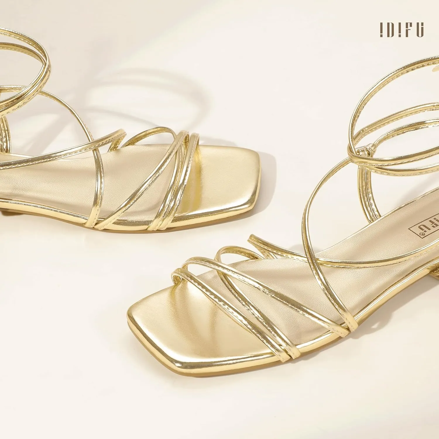 IDIFU Strappy Lace Up Flat Sandals for Women Tie Up Square Open Toe Ankle Warp Straps Dressy Gladiator Summer Beach Wedding Party Ladies Comfortable Cute Casual Trendy Dress Sandals