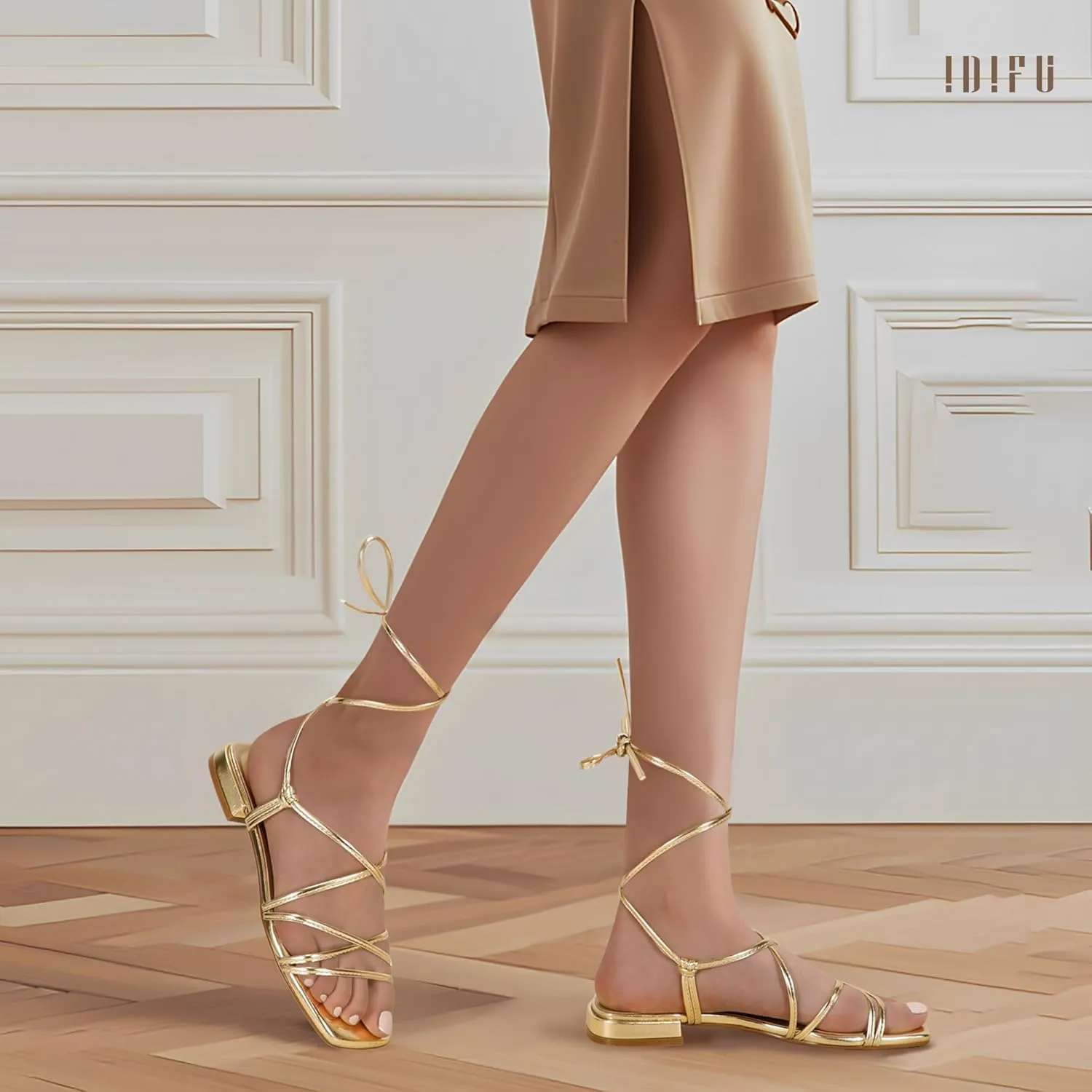 IDIFU Strappy Lace Up Flat Sandals for Women Tie Up Square Open Toe Ankle Warp Straps Dressy Gladiator Summer Beach Wedding Party Ladies Comfortable Cute Casual Trendy Dress Sandals