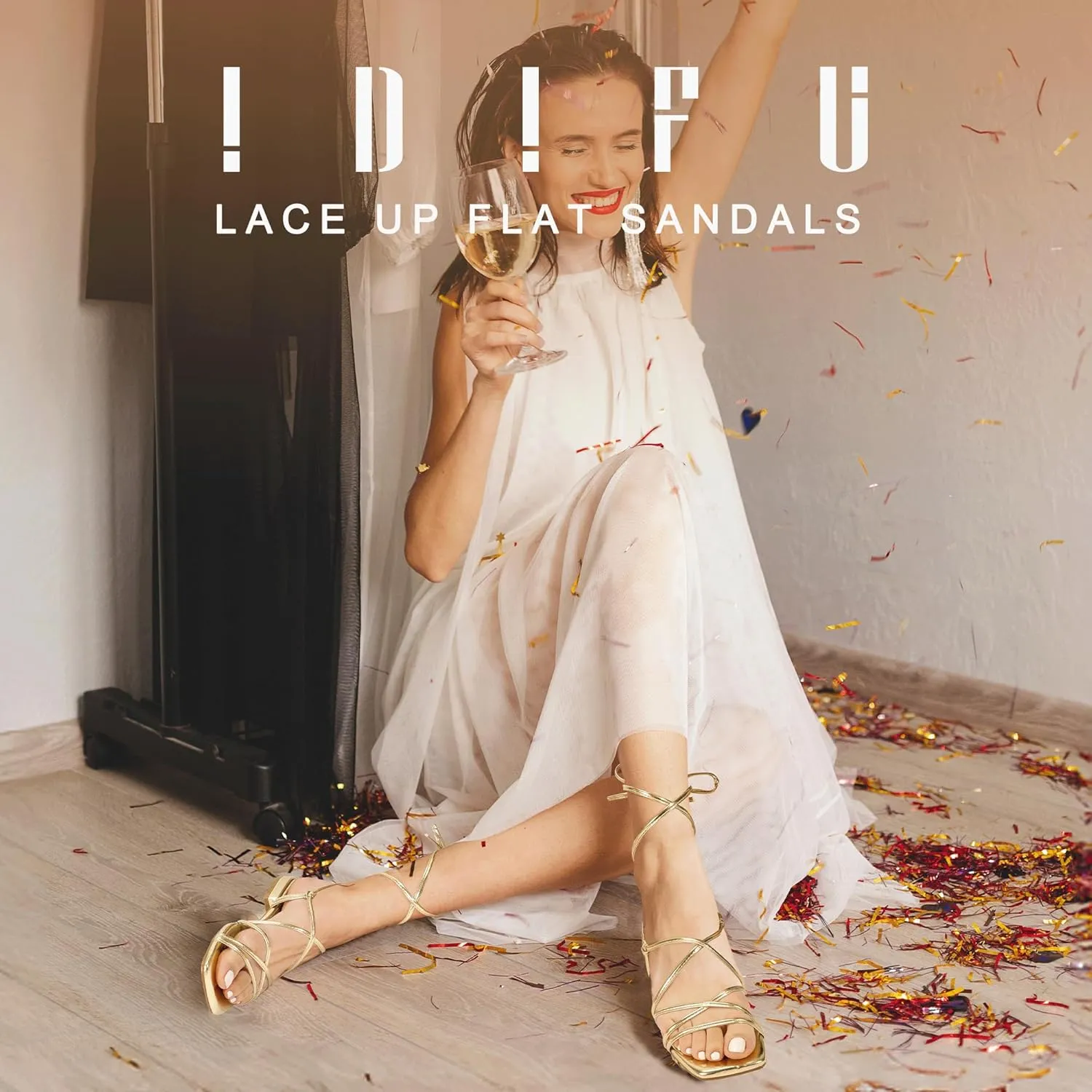 IDIFU Strappy Lace Up Flat Sandals for Women Tie Up Square Open Toe Ankle Warp Straps Dressy Gladiator Summer Beach Wedding Party Ladies Comfortable Cute Casual Trendy Dress Sandals
