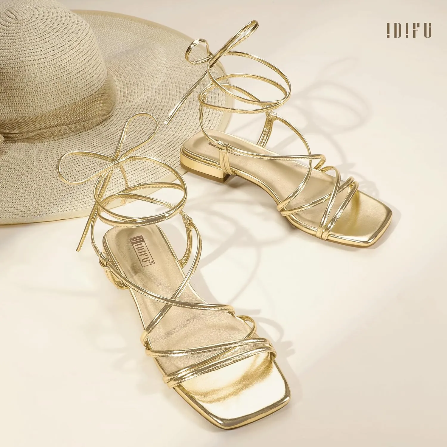 IDIFU Strappy Lace Up Flat Sandals for Women Tie Up Square Open Toe Ankle Warp Straps Dressy Gladiator Summer Beach Wedding Party Ladies Comfortable Cute Casual Trendy Dress Sandals
