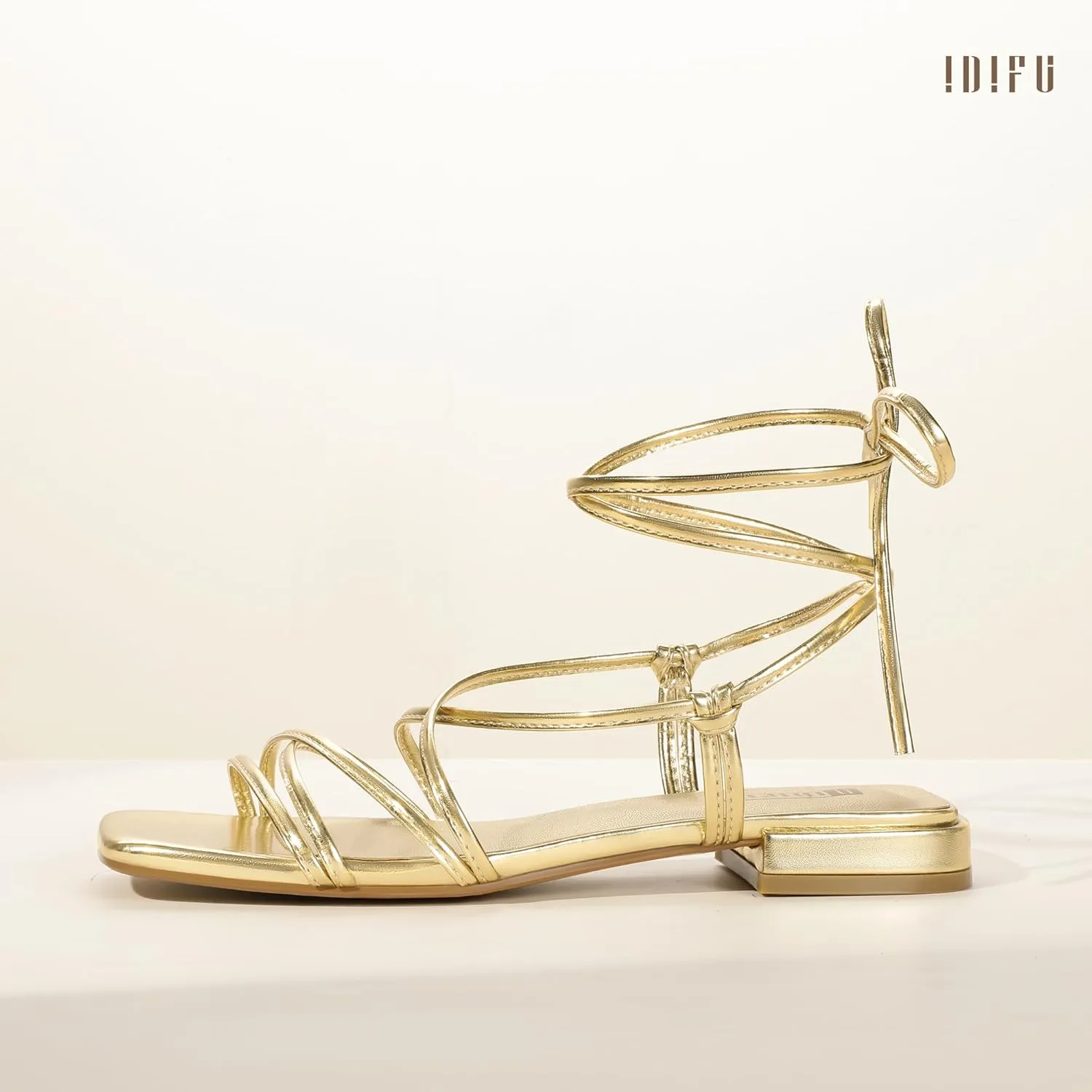 IDIFU Strappy Lace Up Flat Sandals for Women Tie Up Square Open Toe Ankle Warp Straps Dressy Gladiator Summer Beach Wedding Party Ladies Comfortable Cute Casual Trendy Dress Sandals