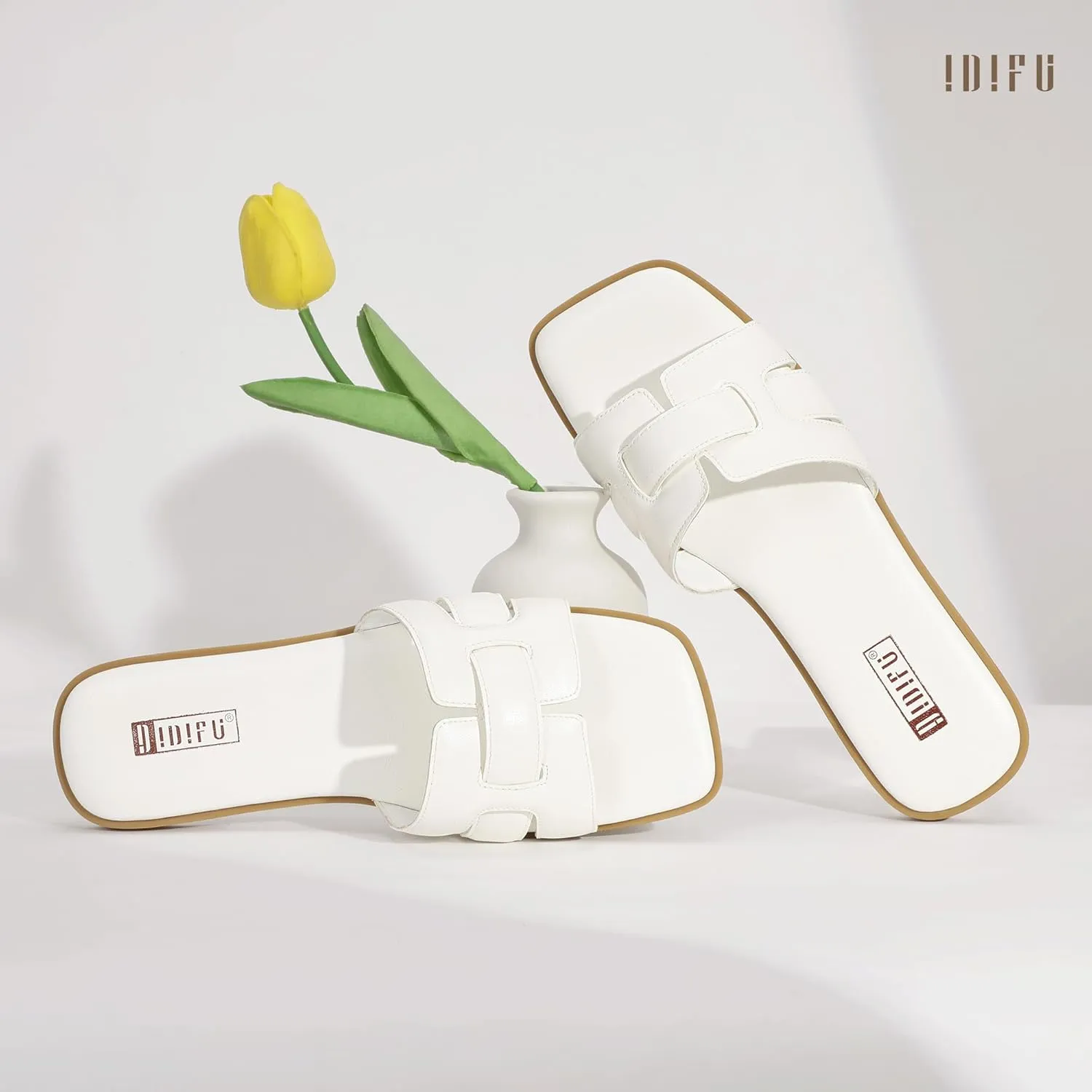 IDIFU Women's Flat Sandals Slip On Open Square Toe Slide Sandals for Women Comfortable Summer Dressy Cute Ladies Casual Trendy Fancy Fashion Cross Strap Beach Wedding Dress Sandals