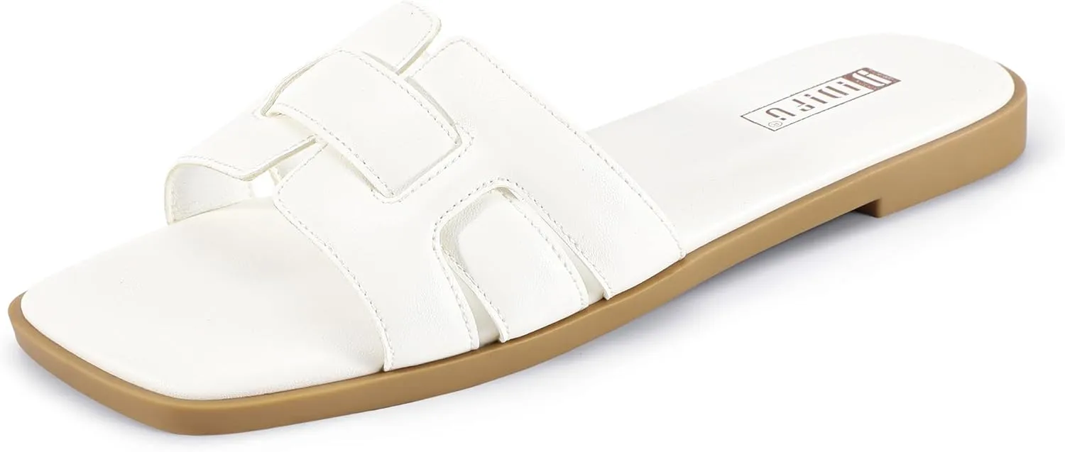 IDIFU Women's Flat Sandals Slip On Open Square Toe Slide Sandals for Women Comfortable Summer Dressy Cute Ladies Casual Trendy Fancy Fashion Cross Strap Beach Wedding Dress Sandals
