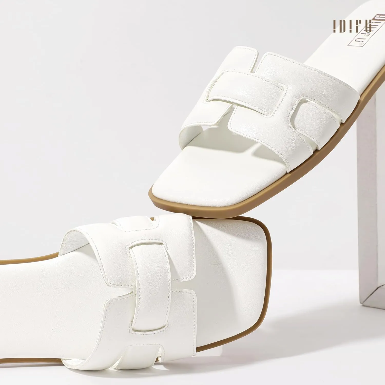 IDIFU Women's Flat Sandals Slip On Open Square Toe Slide Sandals for Women Comfortable Summer Dressy Cute Ladies Casual Trendy Fancy Fashion Cross Strap Beach Wedding Dress Sandals