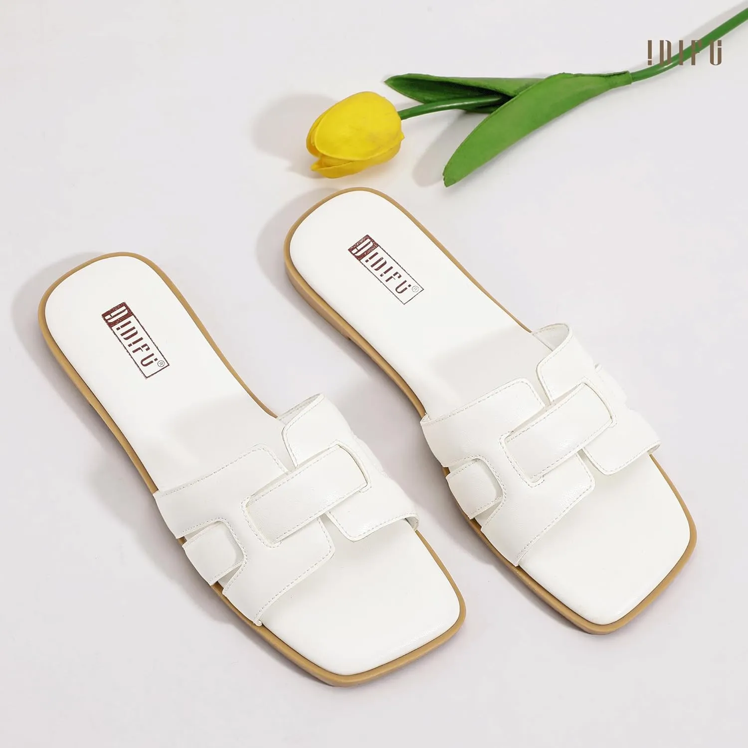 IDIFU Women's Flat Sandals Slip On Open Square Toe Slide Sandals for Women Comfortable Summer Dressy Cute Ladies Casual Trendy Fancy Fashion Cross Strap Beach Wedding Dress Sandals