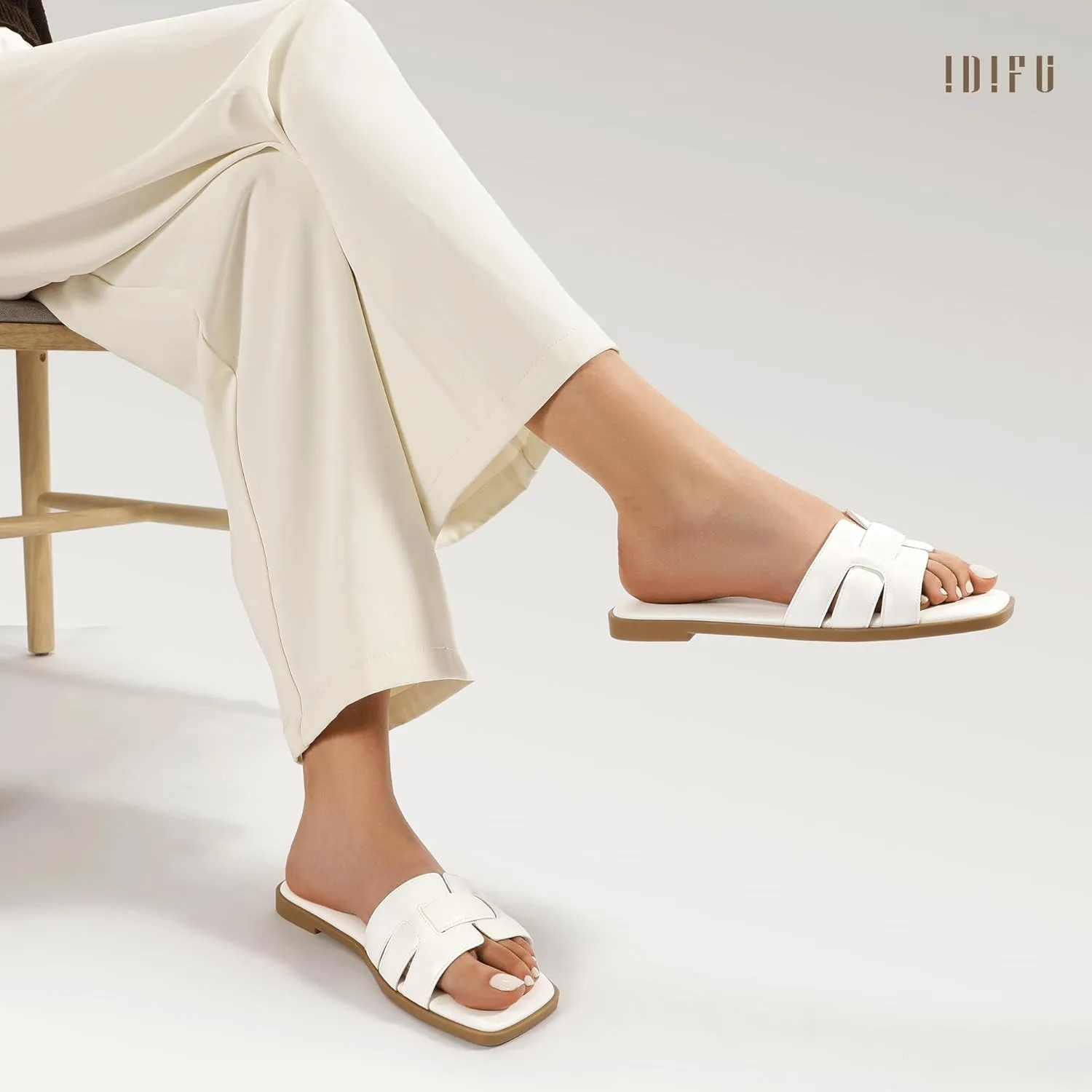 IDIFU Women's Flat Sandals Slip On Open Square Toe Slide Sandals for Women Comfortable Summer Dressy Cute Ladies Casual Trendy Fancy Fashion Cross Strap Beach Wedding Dress Sandals