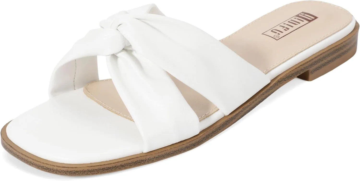 IDIFU Women's Flat Sandals Square Open Toe Slip On Sandals for Women Beach Summer Comfortable Dress Sandals Dressy Cute Walking Slide Sandals Casual Twist Strap Sandals