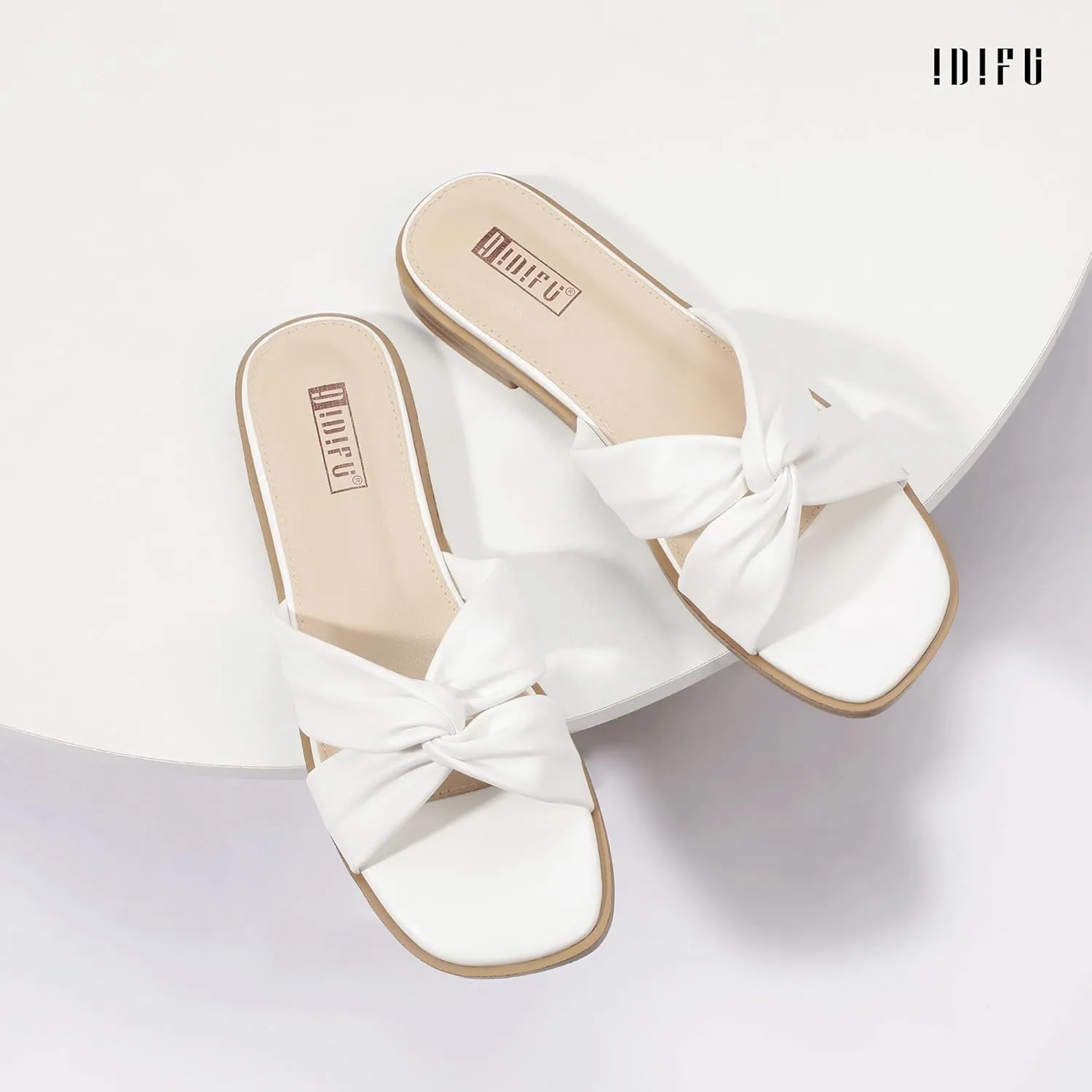 IDIFU Women's Flat Sandals Square Open Toe Slip On Sandals for Women Beach Summer Comfortable Dress Sandals Dressy Cute Walking Slide Sandals Casual Twist Strap Sandals