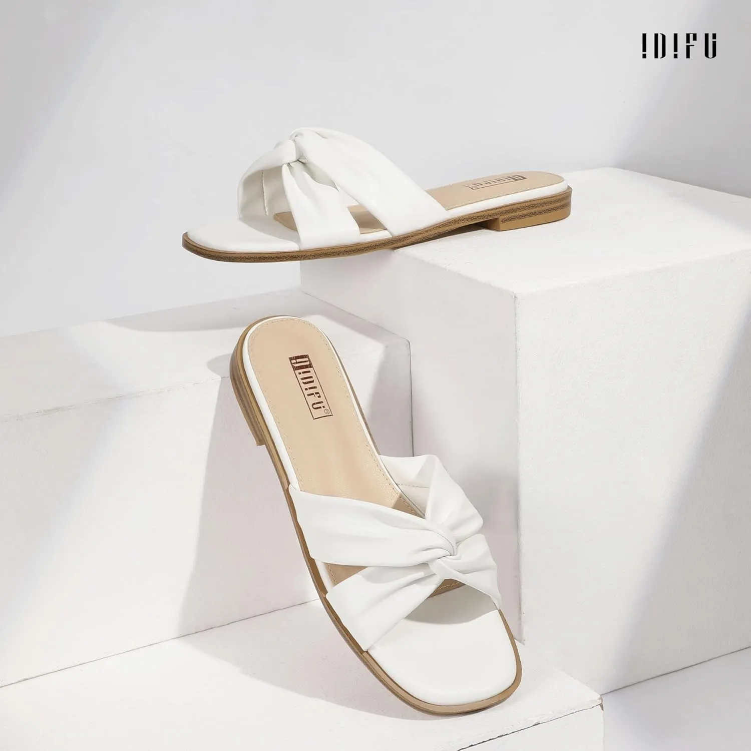 IDIFU Women's Flat Sandals Square Open Toe Slip On Sandals for Women Beach Summer Comfortable Dress Sandals Dressy Cute Walking Slide Sandals Casual Twist Strap Sandals