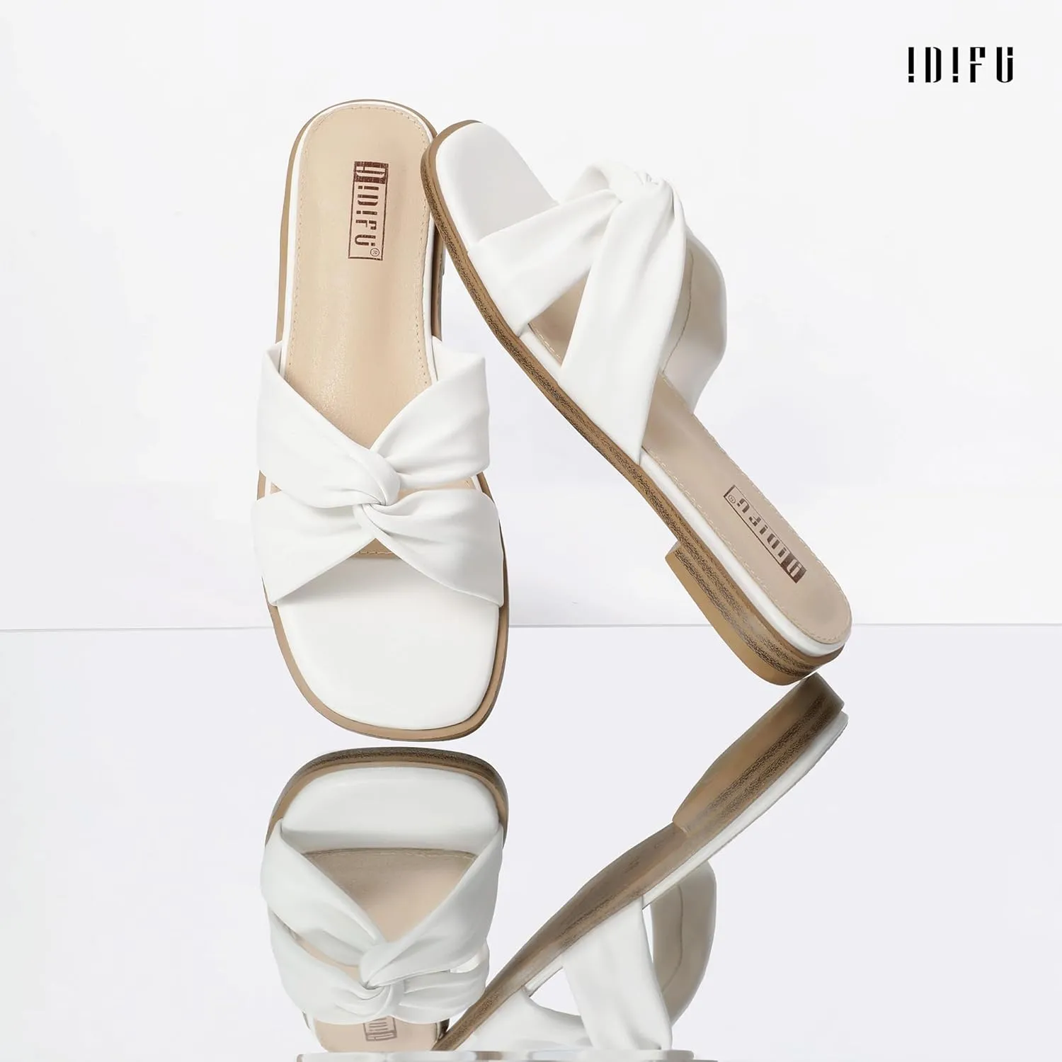 IDIFU Women's Flat Sandals Square Open Toe Slip On Sandals for Women Beach Summer Comfortable Dress Sandals Dressy Cute Walking Slide Sandals Casual Twist Strap Sandals