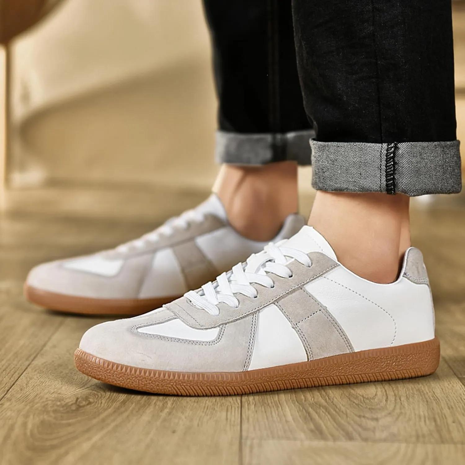 ihinzry Fashion Sneakers Womens Tennis Shoes Genuine Leather Lace Up Casual Shoes Gum Sole Sneakers
