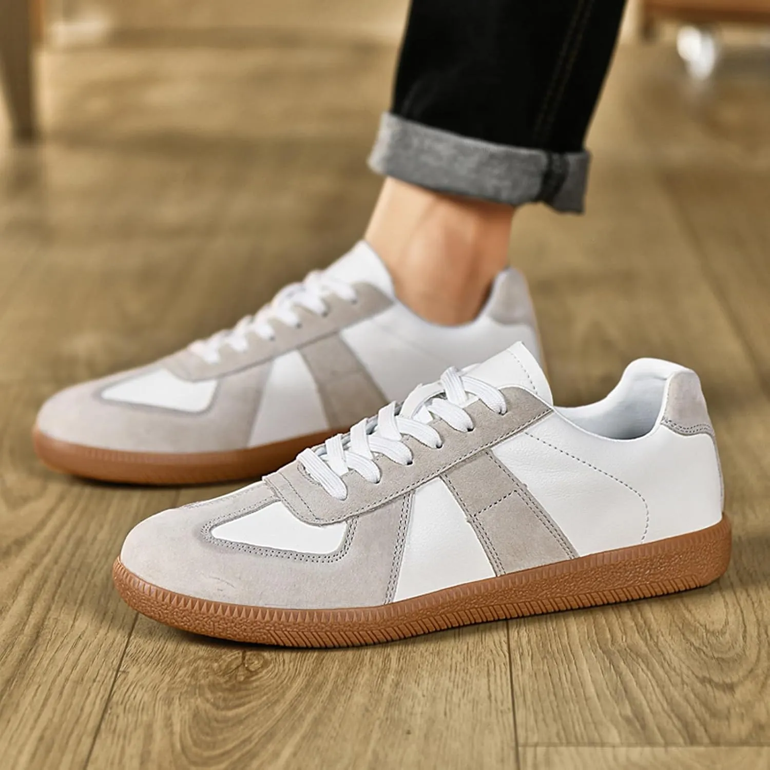 ihinzry Fashion Sneakers Womens Tennis Shoes Genuine Leather Lace Up Casual Shoes Gum Sole Sneakers