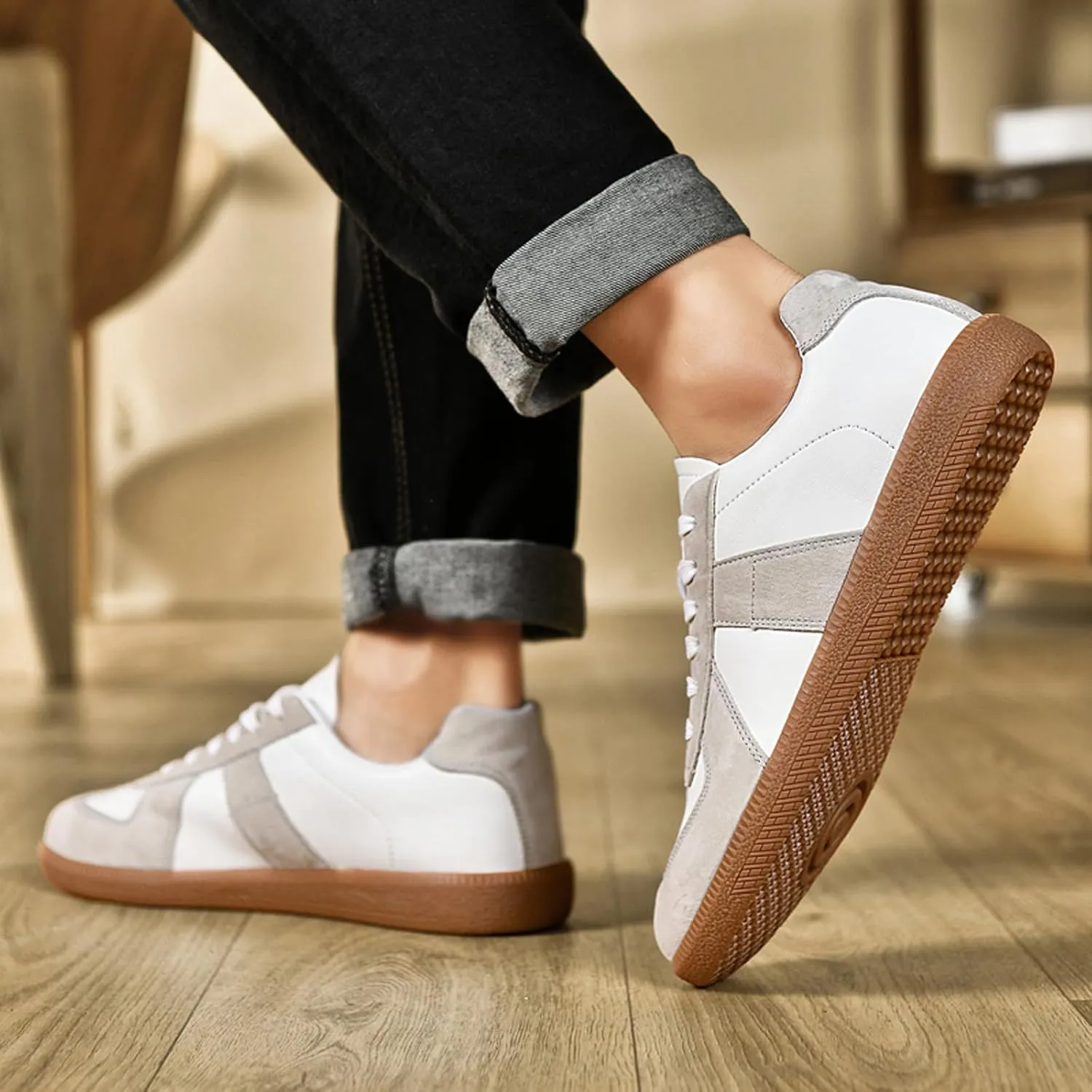 ihinzry Fashion Sneakers Womens Tennis Shoes Genuine Leather Lace Up Casual Shoes Gum Sole Sneakers