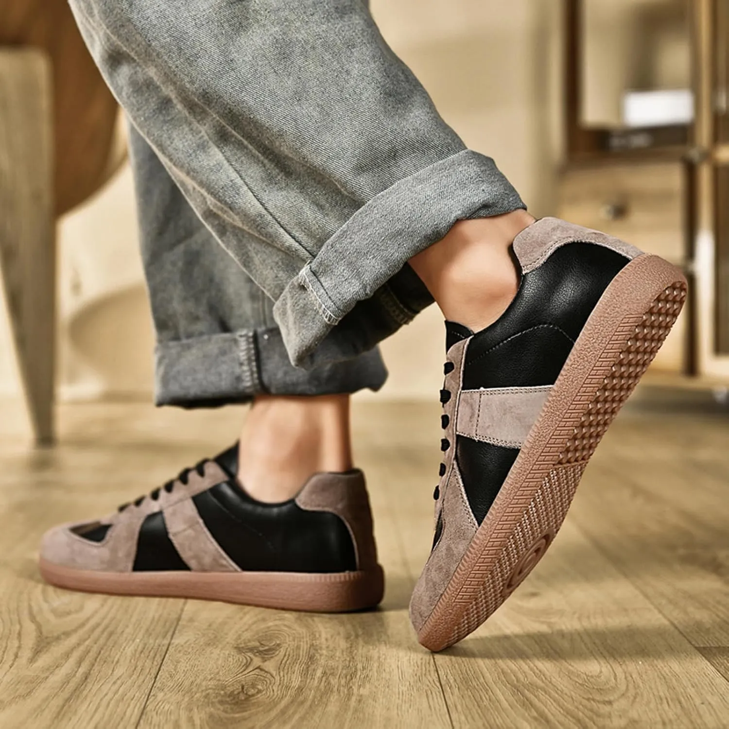 ihinzry Fashion Sneakers Womens Tennis Shoes Genuine Leather Lace Up Casual Shoes Gum Sole Sneakers