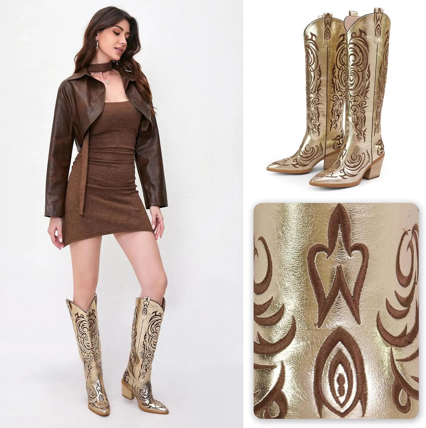 iiimmu Cowgirl Boots Women Knee High Boots Pointed Toe and Block Heel Cowboy Suede and Faux Leather Boots with Embroidered