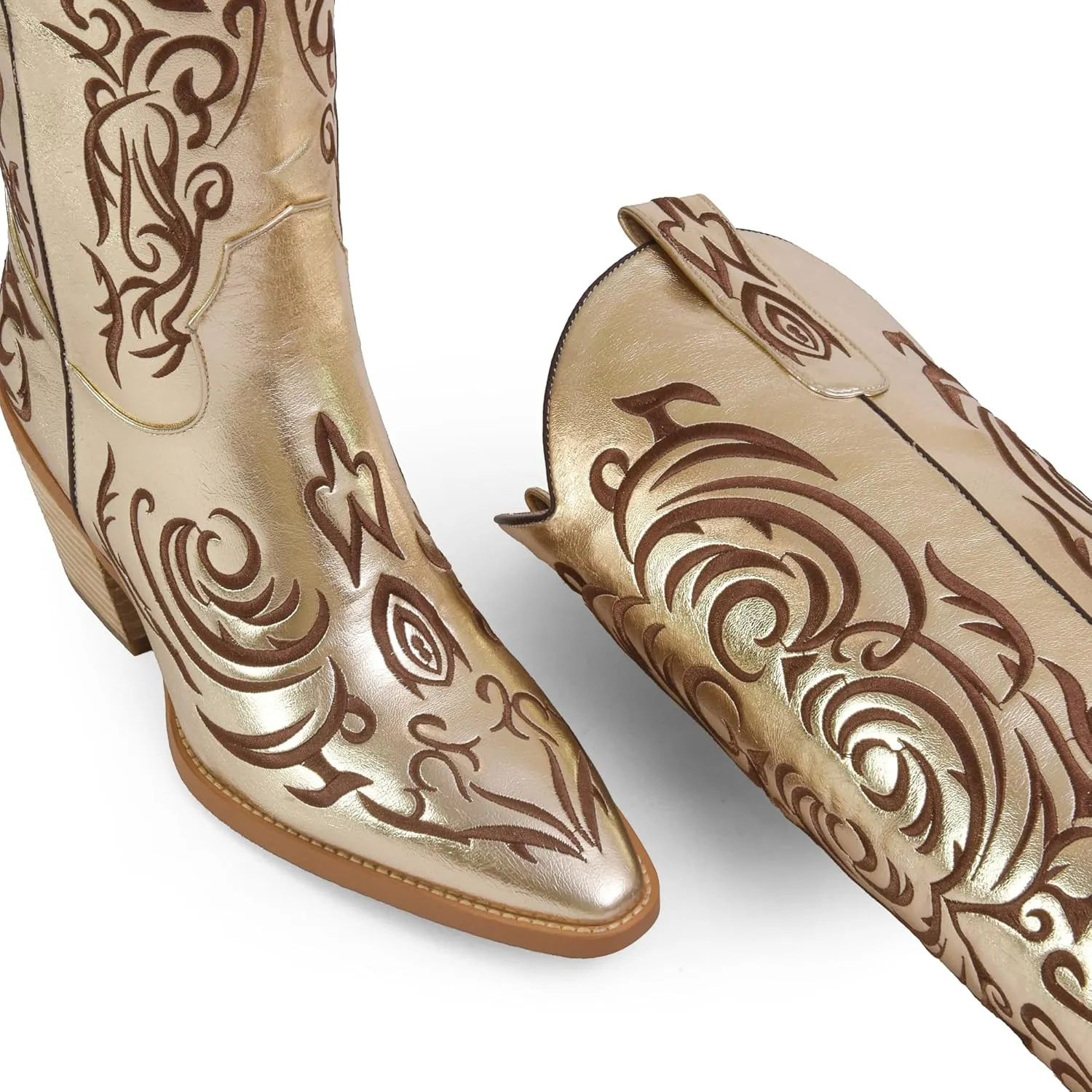 iiimmu Cowgirl Boots Women Knee High Boots Pointed Toe and Block Heel Cowboy Suede and Faux Leather Boots with Embroidered