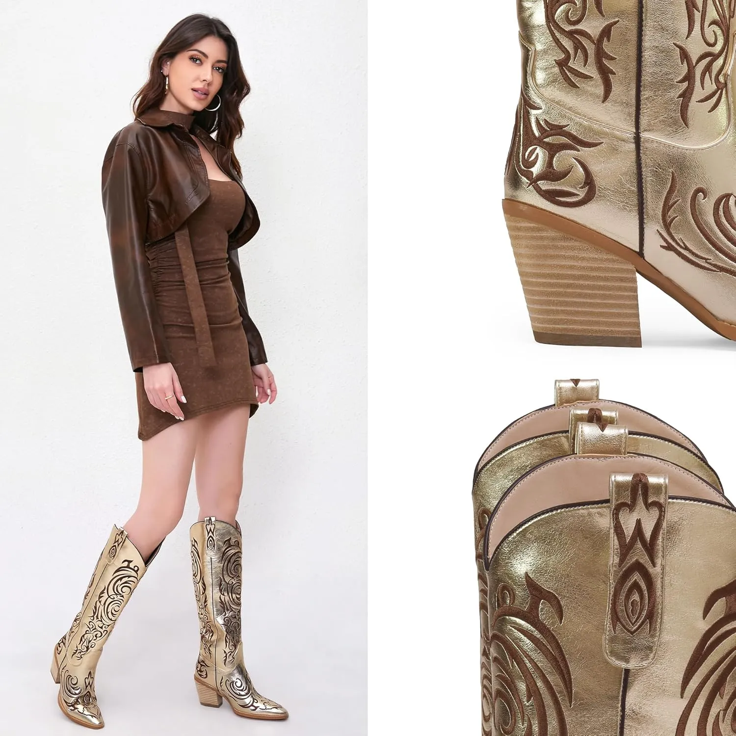 iiimmu Cowgirl Boots Women Knee High Boots Pointed Toe and Block Heel Cowboy Suede and Faux Leather Boots with Embroidered