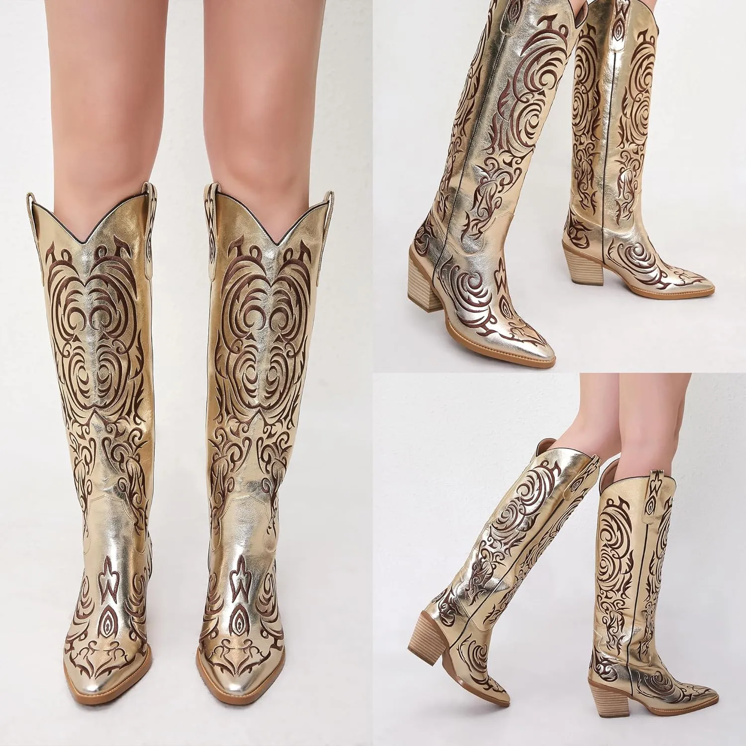 iiimmu Cowgirl Boots Women Knee High Boots Pointed Toe and Block Heel Cowboy Suede and Faux Leather Boots with Embroidered