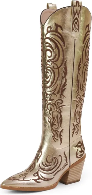 iiimmu Cowgirl Boots Women Knee High Boots Pointed Toe and Block Heel Cowboy Suede and Faux Leather Boots with Embroidered