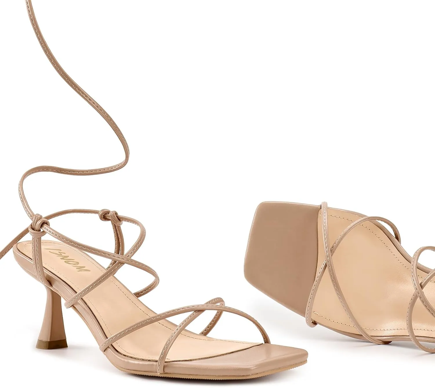 ISNOM Strappy Sandals for Women Kitten Heels Lace Up Heels Stiletto Heels Wrap Around Heels with Square Toe