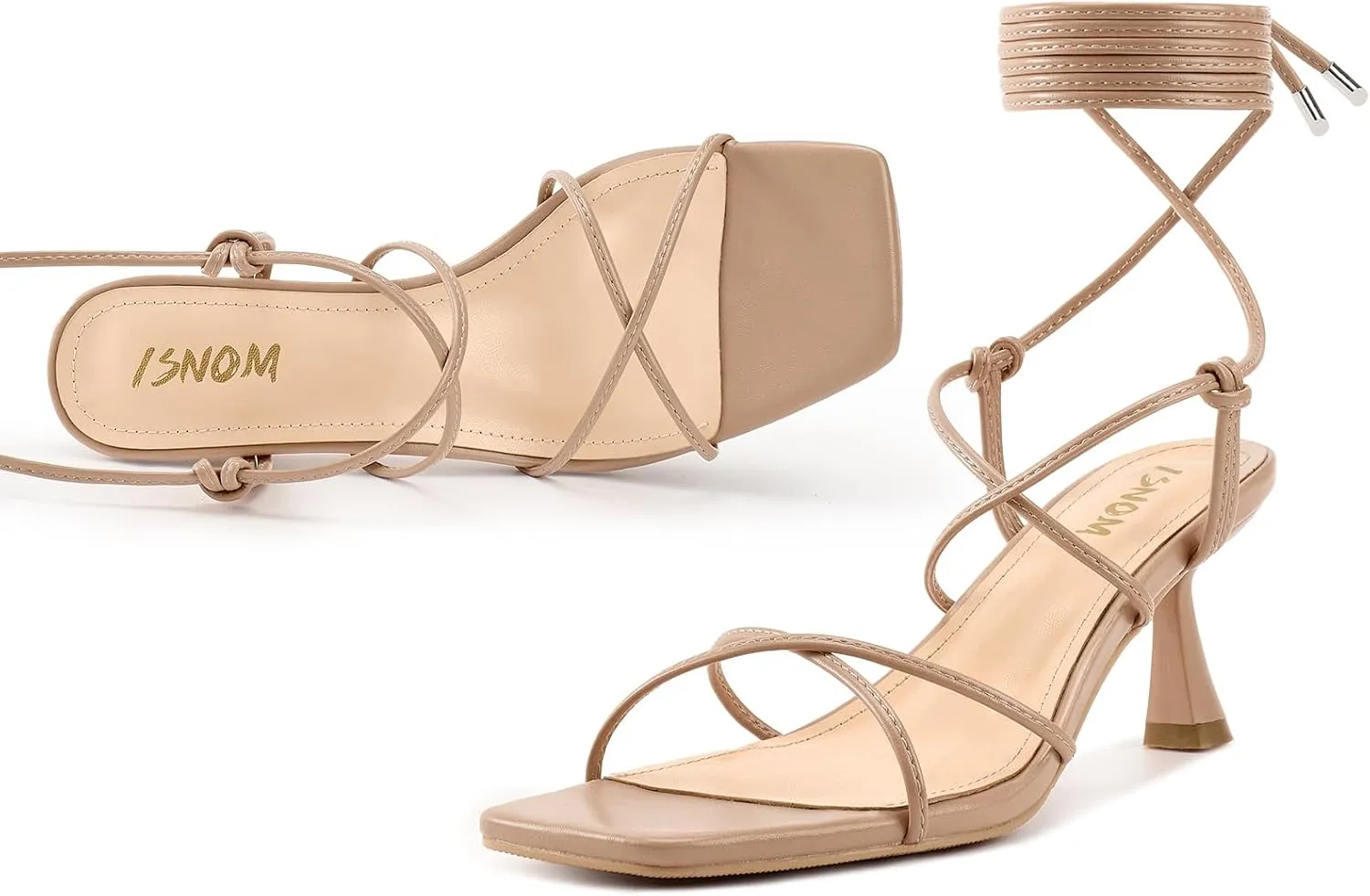 ISNOM Strappy Sandals for Women Kitten Heels Lace Up Heels Stiletto Heels Wrap Around Heels with Square Toe
