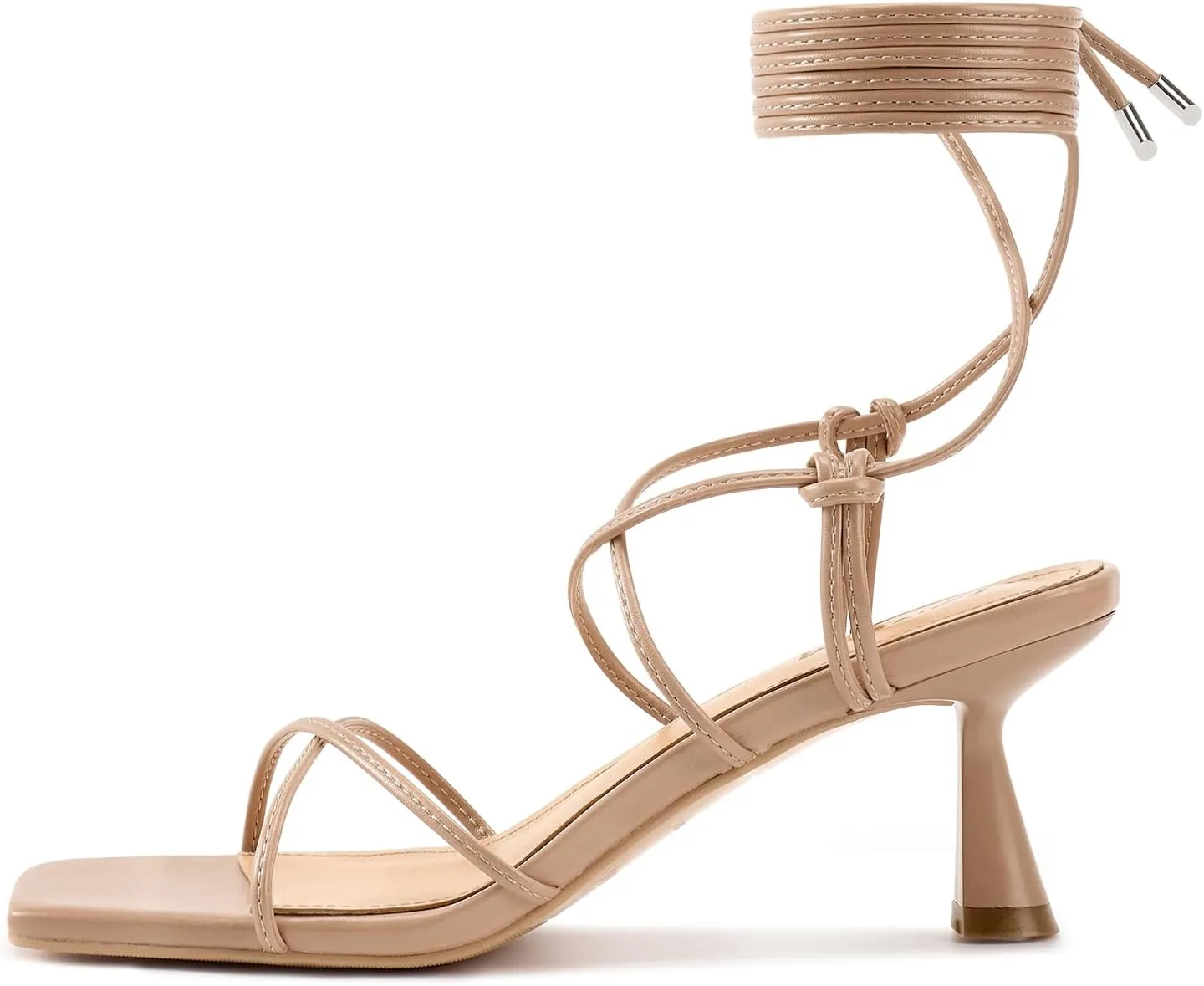 ISNOM Strappy Sandals for Women Kitten Heels Lace Up Heels Stiletto Heels Wrap Around Heels with Square Toe