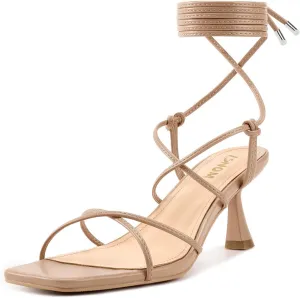 ISNOM Strappy Sandals for Women Kitten Heels Lace Up Heels Stiletto Heels Wrap Around Heels with Square Toe
