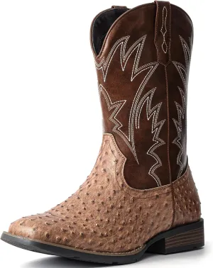 IUV Cowboy Boots For Men Western Ostrich Durable Fashionable Embroidered Pull On Slip Resistant Assorted Colors Boots