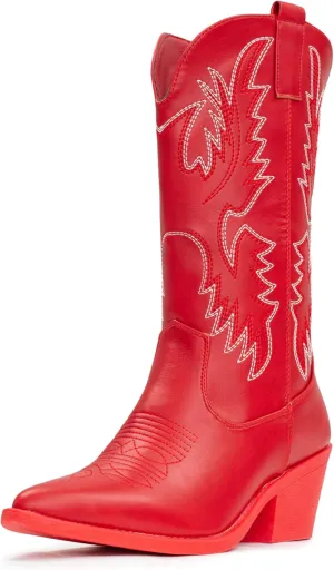 IUV Cowboy Boots For Women Western Cowgirl Boots Pull On Pointy Toe Mid Calf