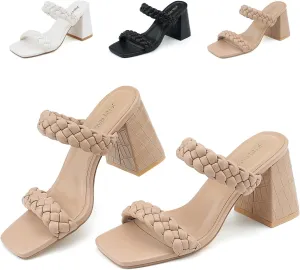 JENN ARDOR Women's Heeled Sandals Chunky Heel Square Toe Strappy Braided Sandals for Women Mules Heels Comfortable Slide Dress Sandals