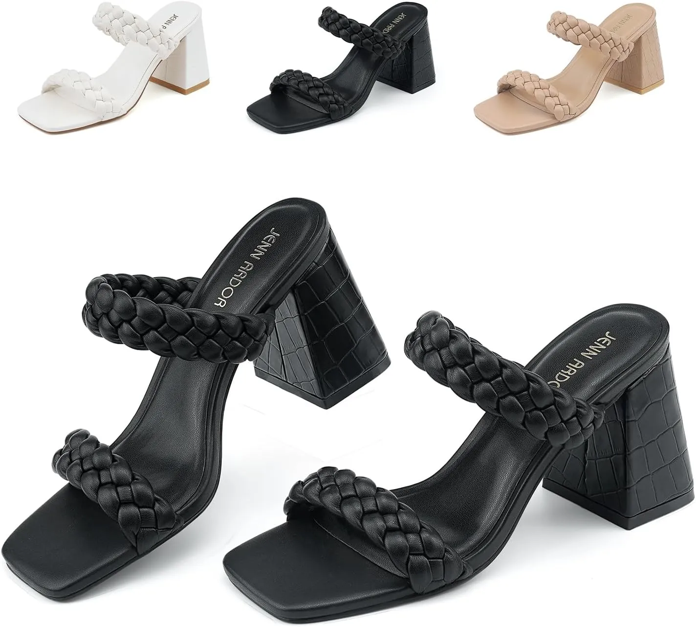 JENN ARDOR Women's Heeled Sandals Chunky Heel Square Toe Strappy Braided Sandals for Women Mules Heels Comfortable Slide Dress Sandals