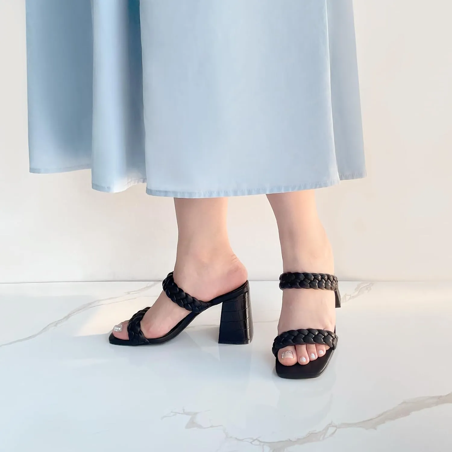 JENN ARDOR Women's Heeled Sandals Chunky Heel Square Toe Strappy Braided Sandals for Women Mules Heels Comfortable Slide Dress Sandals