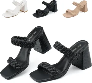 JENN ARDOR Women's Heeled Sandals Chunky Heel Square Toe Strappy Braided Sandals for Women Mules Heels Comfortable Slide Dress Sandals