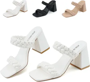 JENN ARDOR Women's Heeled Sandals Chunky Heel Square Toe Strappy Braided Sandals for Women Mules Heels Comfortable Slide Dress Sandals