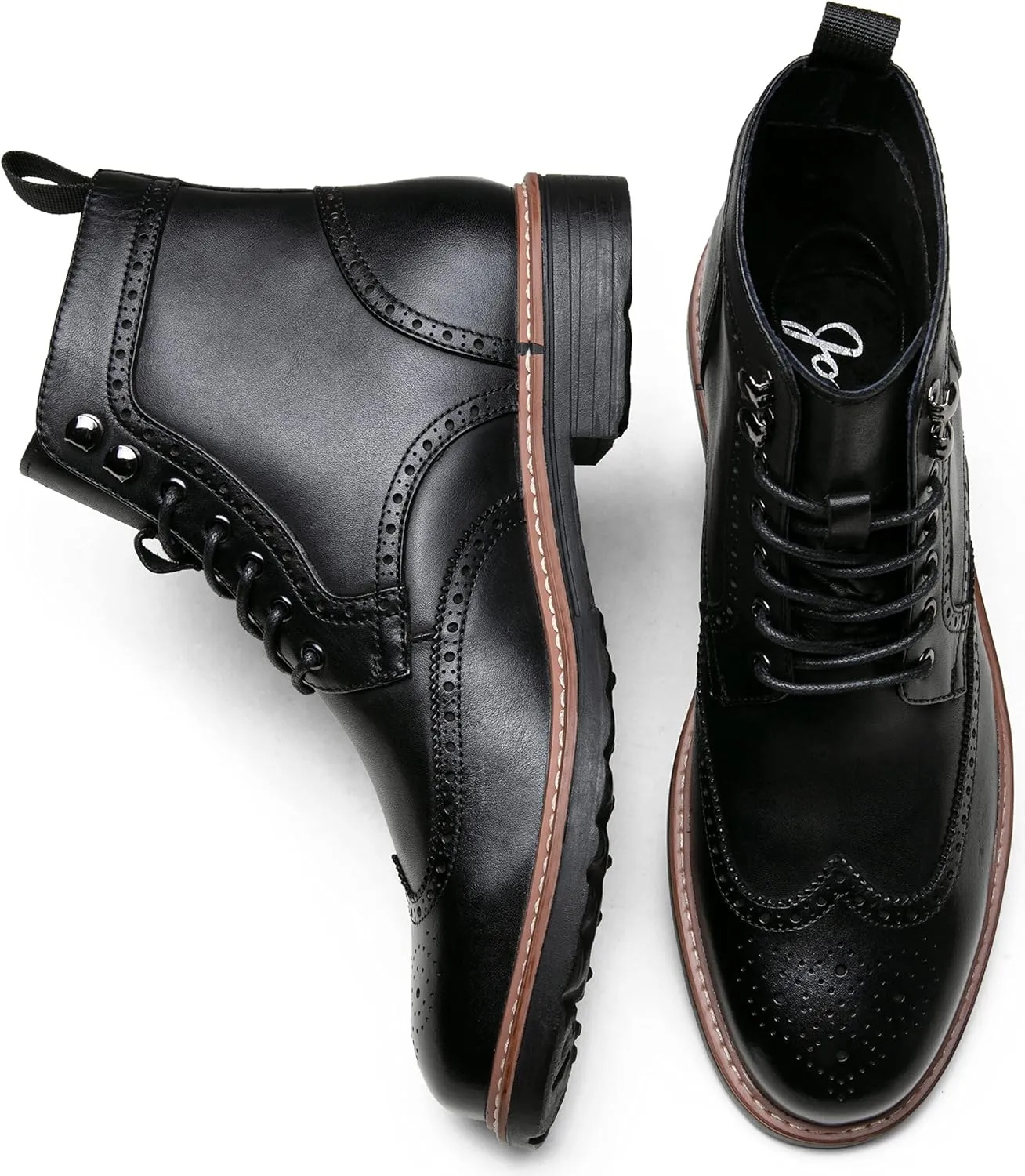 Jousen Leather Boots for Men Dress Retro Classic Design Mens Boots Cap Toe Boot Black Rubber Sole