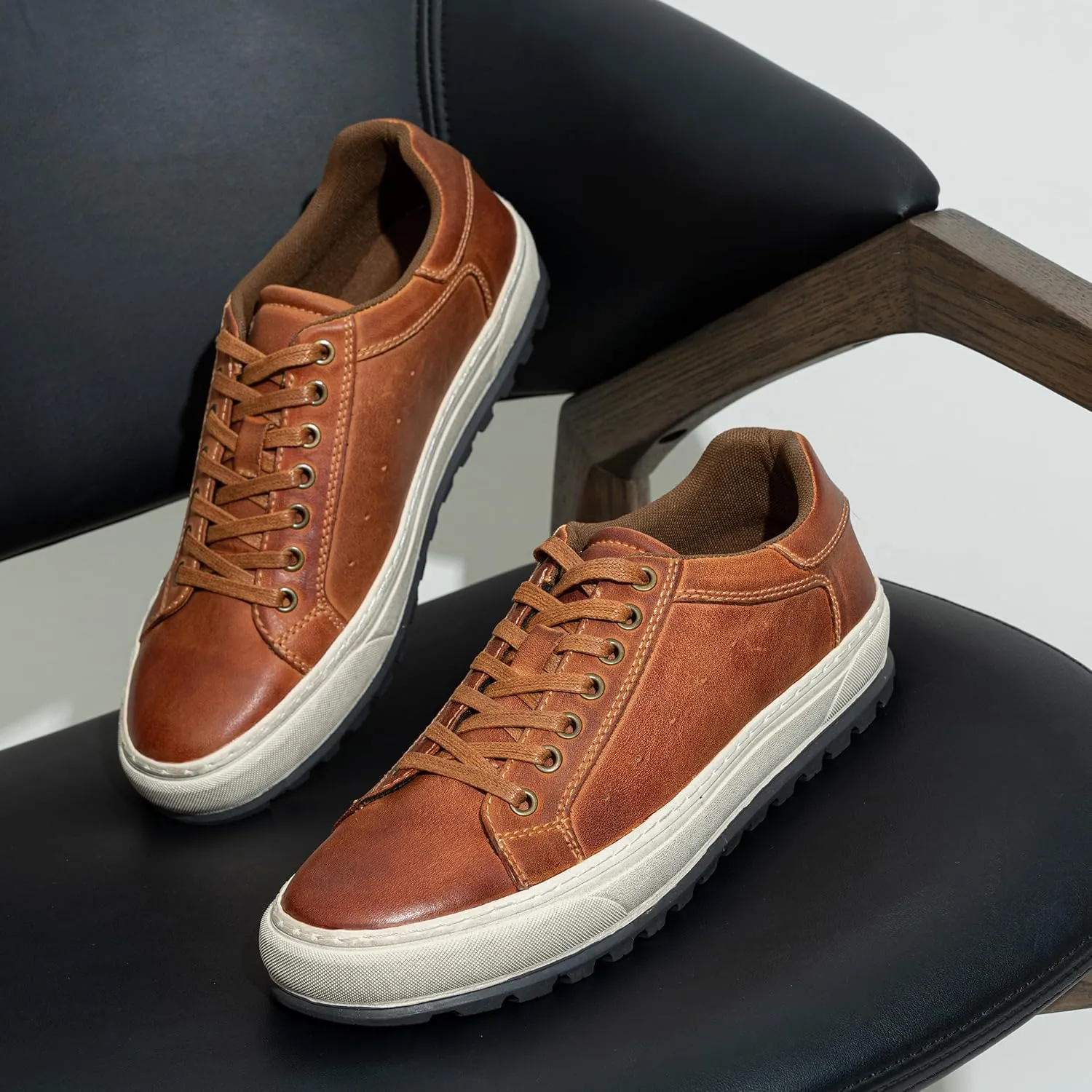Jousen Men's Brown Leather Casual Fashion Sneakers
