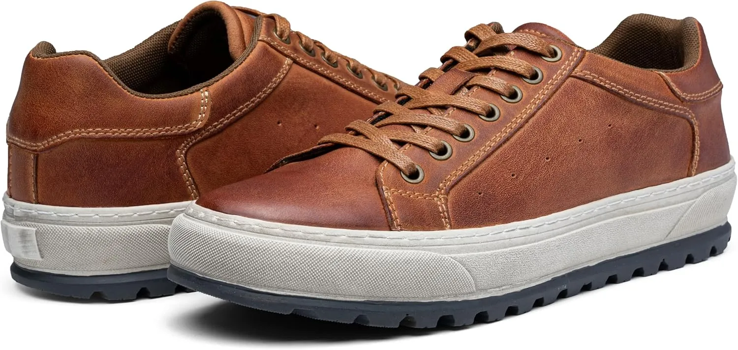 Jousen Men's Brown Leather Casual Fashion Sneakers