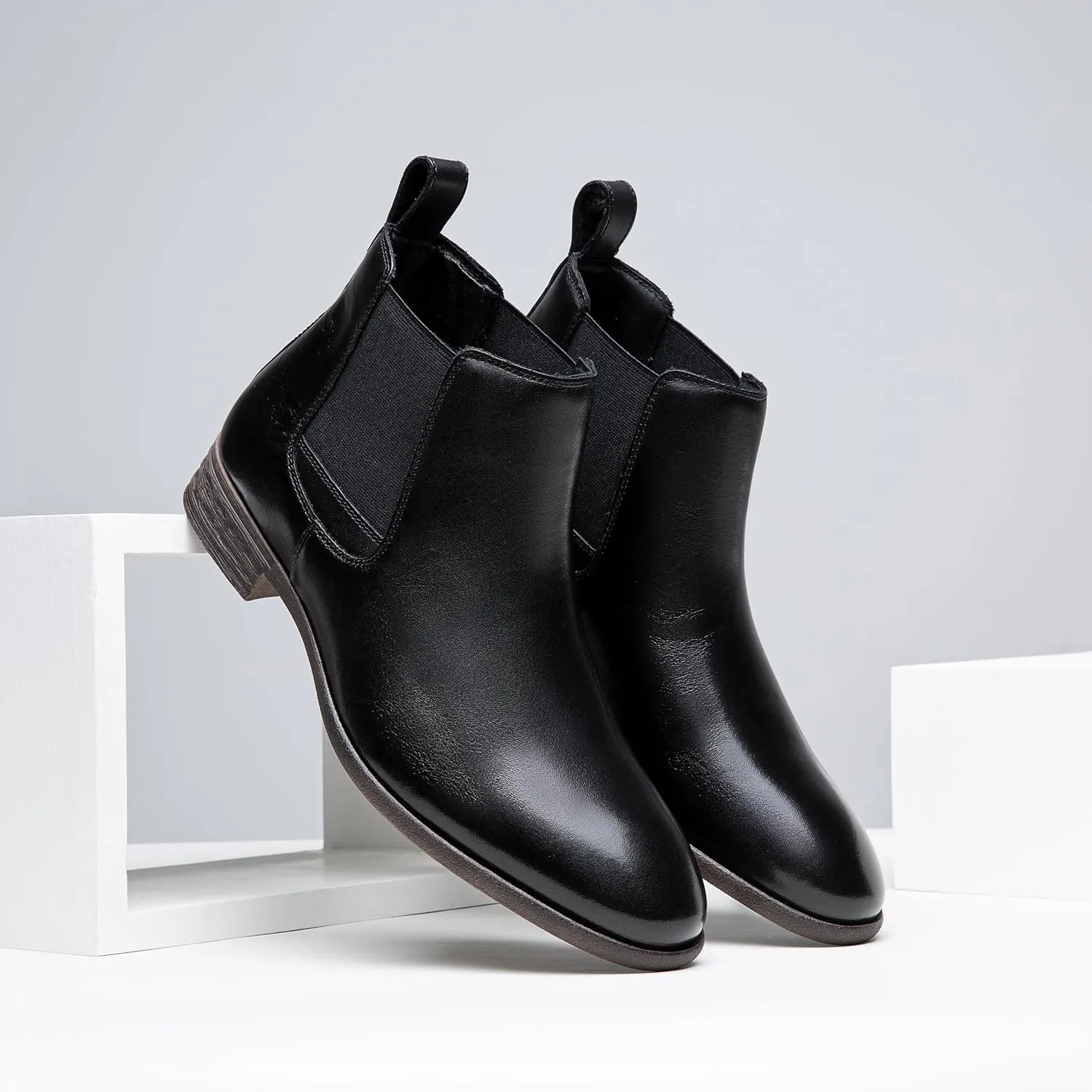 Jousen Men's Chelsea Boots Leather Lightweight Casual Chukka Ankle Boots Classic Elastic Dress Boots for Men
